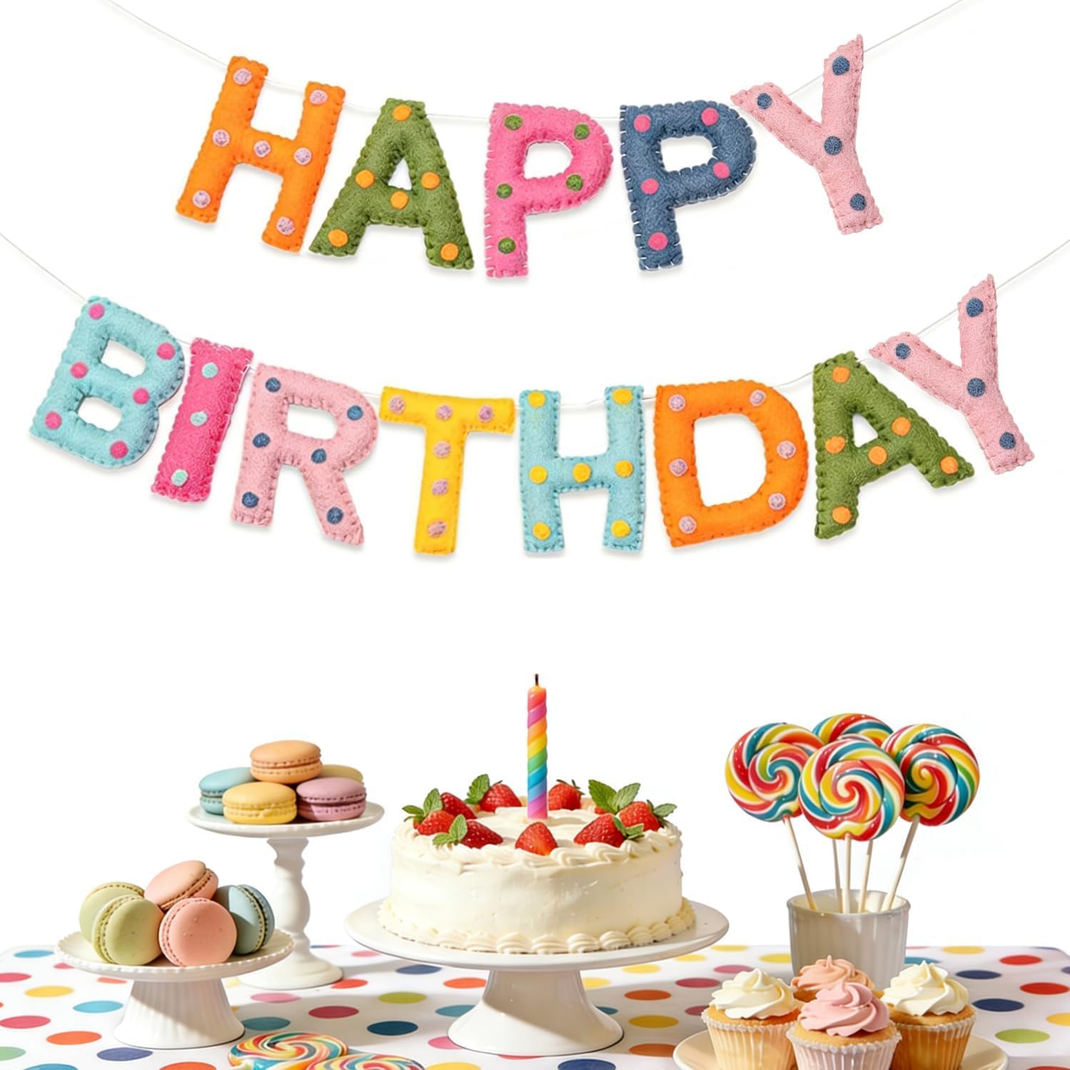 Pre-Strung Happy Birthday Banner - Felt Ball Garland - HAPPY BIRTHDAY Garland, Rainbow Birthday Decorations, Personalized Sign for Party Decor, Photo Prop (Colorful Dot)
