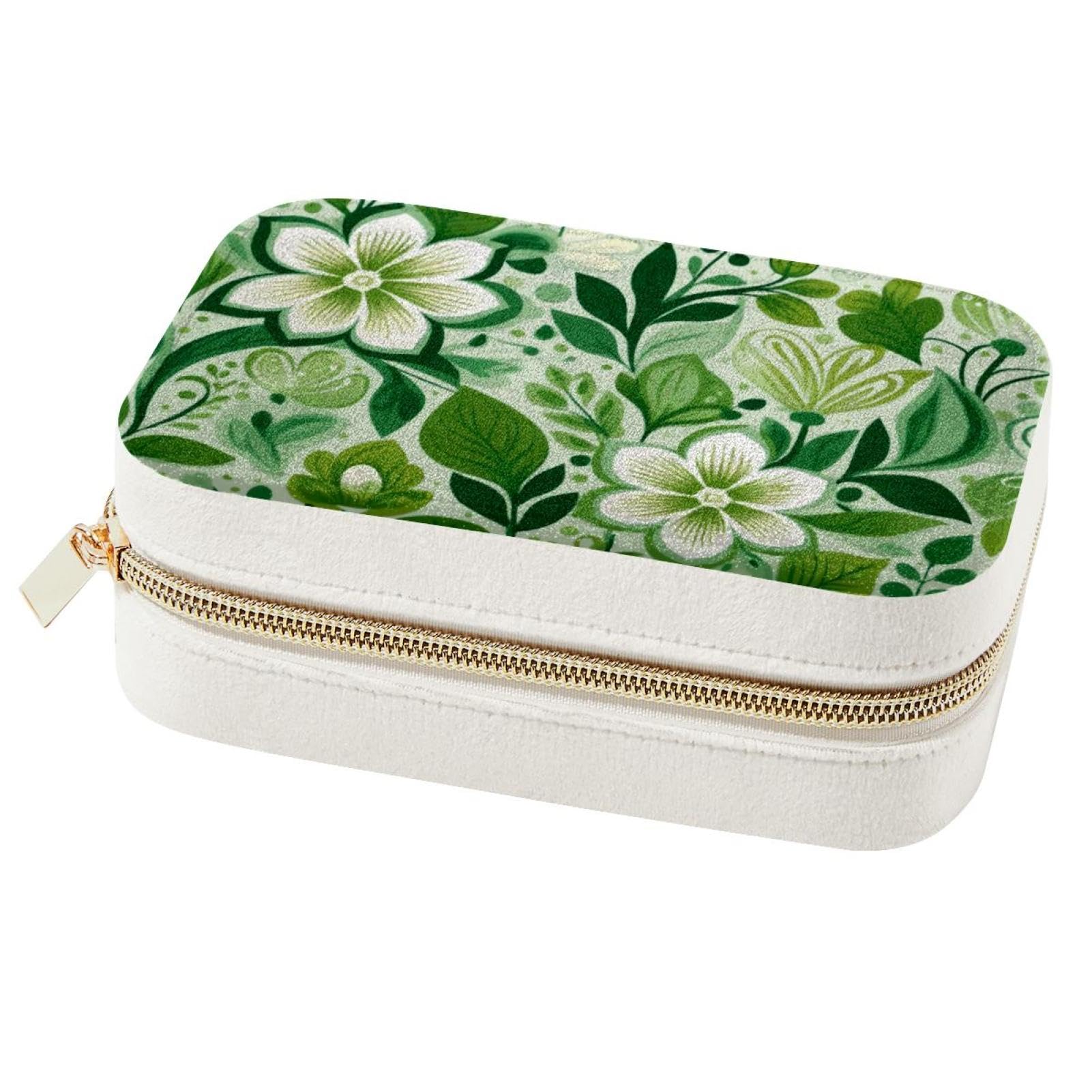 Boîte à bijoux de voyage fleurie verte pour ranger bagues et colliers
