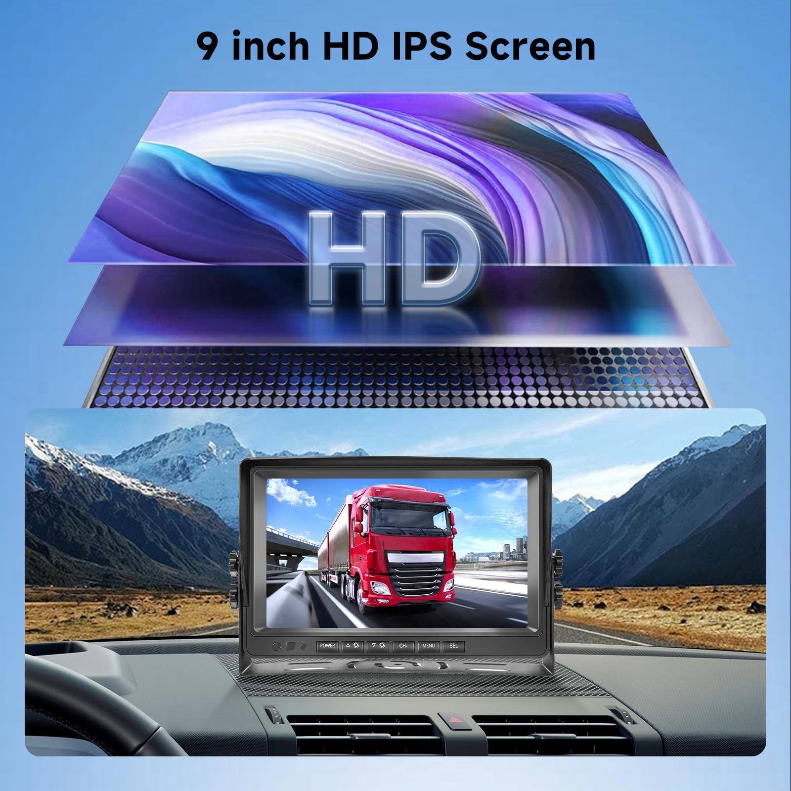 Caméra de Recul pour Voiture avec 2 Caméras AHD, Moniteur LCD 9 Pouces, Étanchéité IP69, Vision Nocturne, Câble 10m+10m, Compatible avec Pick-up, Camions, Petits Camping-Cars, Camping-Car DC12V-35V