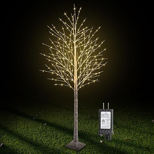 Árbol de abedul iluminado con 600 luces LED de 7 pies, incluye luces parpadeantes, árbol de abedul LED con temporizador, árbol iluminado para