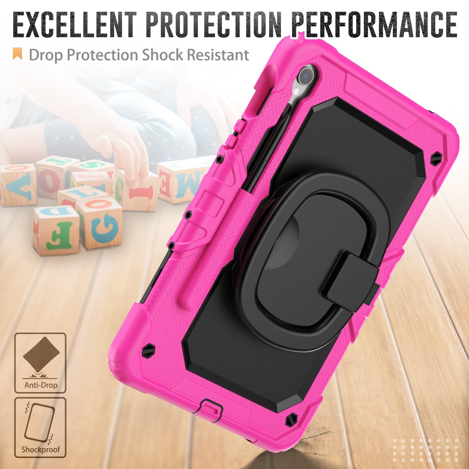 Ochronne etui na tablet PC, wytrzymałe, odporne na wstrząsy etui z tworzywa TPU kompatybilne z Samsung Galaxy Tab S9 11 cali 2023 X710/X716B/X718U etui dla dzieci, obracany o 360 stopni, uchwyt