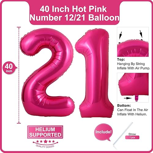 Miniatura 2 de Lovoir Globo de 40 pulgadas, color rosa intenso con el número 12, 21 dígitos gigantes, de papel de aluminio de Mylar para helio de 12 cumpleaños y