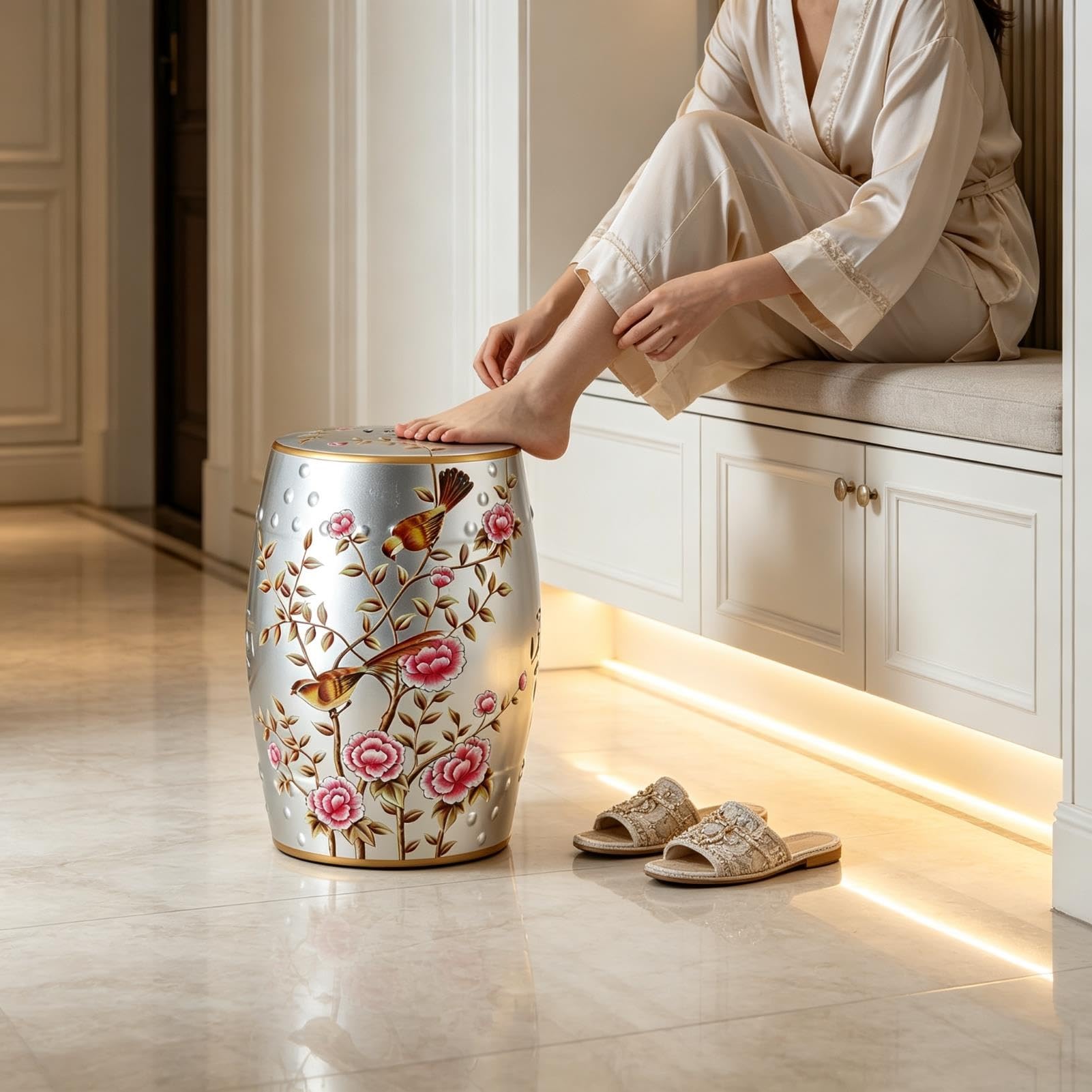 Dekoracyjny Ceramiczny Stołek Ogrodowy, Chinoiserie Na Zewnątrz Dekoracyjny Stołek Na Perkusję Wewnątrz Na Zewnątrz Stolik Boczny Na Patio W Ogrodzie Balkon Salon Łazienka(Silver)