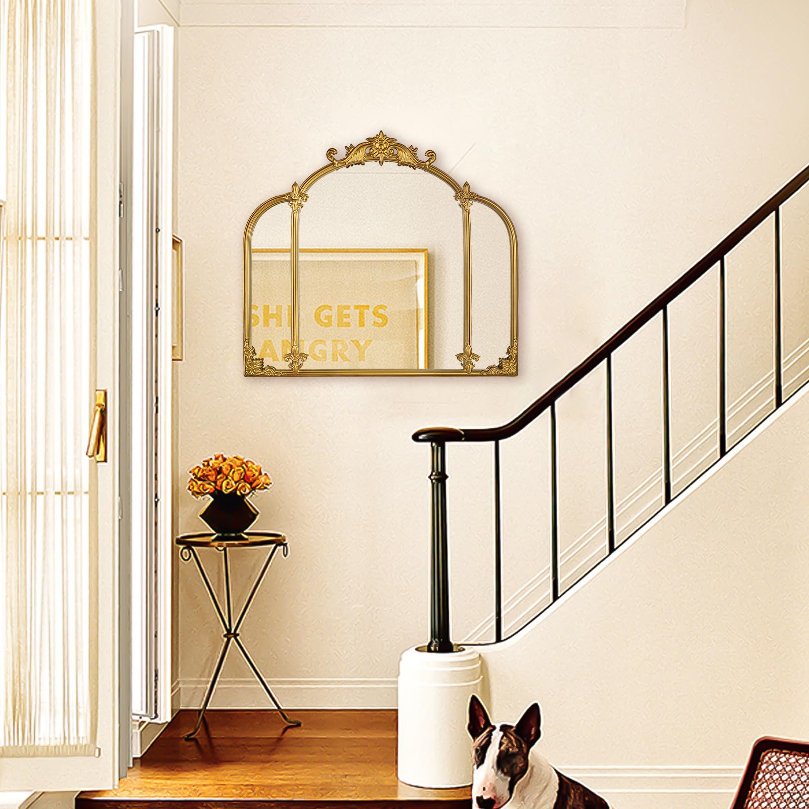 Espejo de Pared de Arco Dorado de 24 x 22 Pulgadas, Estilo Barroco con Marco de Metal, tocador, Dormitorio, baño, Entrada