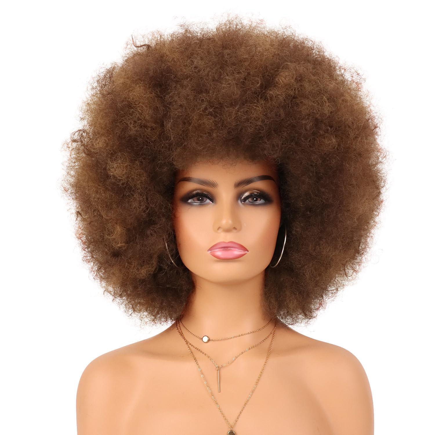 G&T Wig 70s Afro Puff Mixed Brown Wigs for Black Women Glueless Wear and Go Wig Natural Looking Fluffy and Large Bouncy Afro Wigs for Daily Party Use