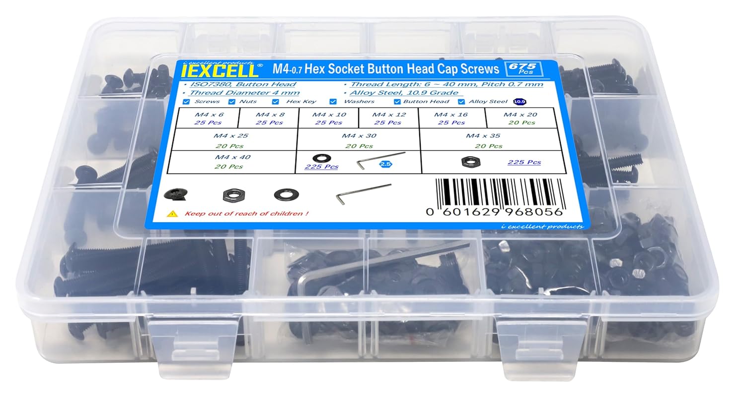 iexcell 675 Pcs M4 x 6/8/10/12/16/20/25/30/35/40 Alloy Steel 10.9 Grade Hex Socket Button Head Cap Screws Bolts Nuts Washers Assortment Kit, Black Oxide Finish