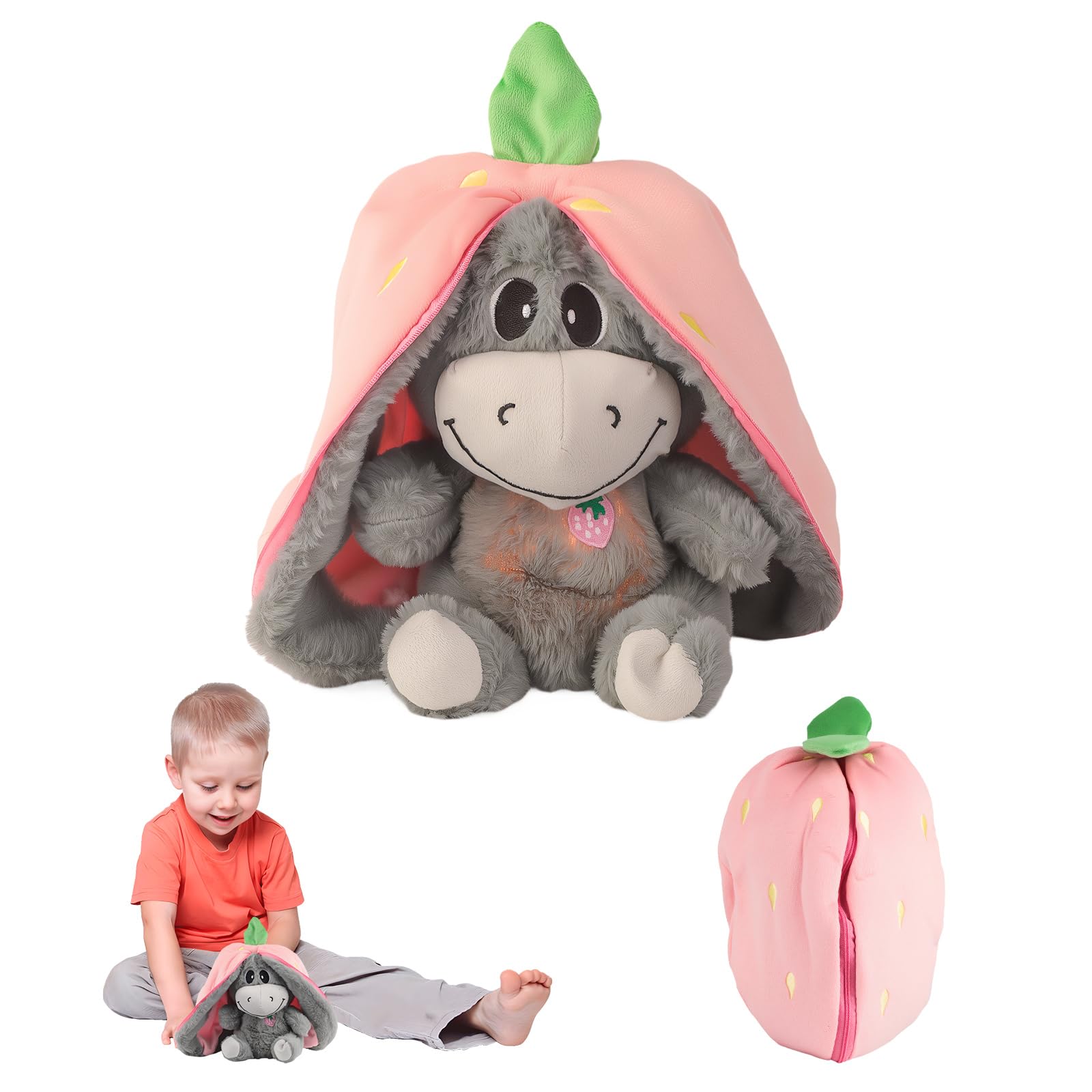 Lixstyea Atmendes Kuscheltier Esel - Schlummer Kuscheltier Erdbeeresel, Atmender Esel mit Musik und Atembewegung, Stofftier, Atmet Einschlafhilfe Tier, Kinder Spielzeug, Baby Spielzeug