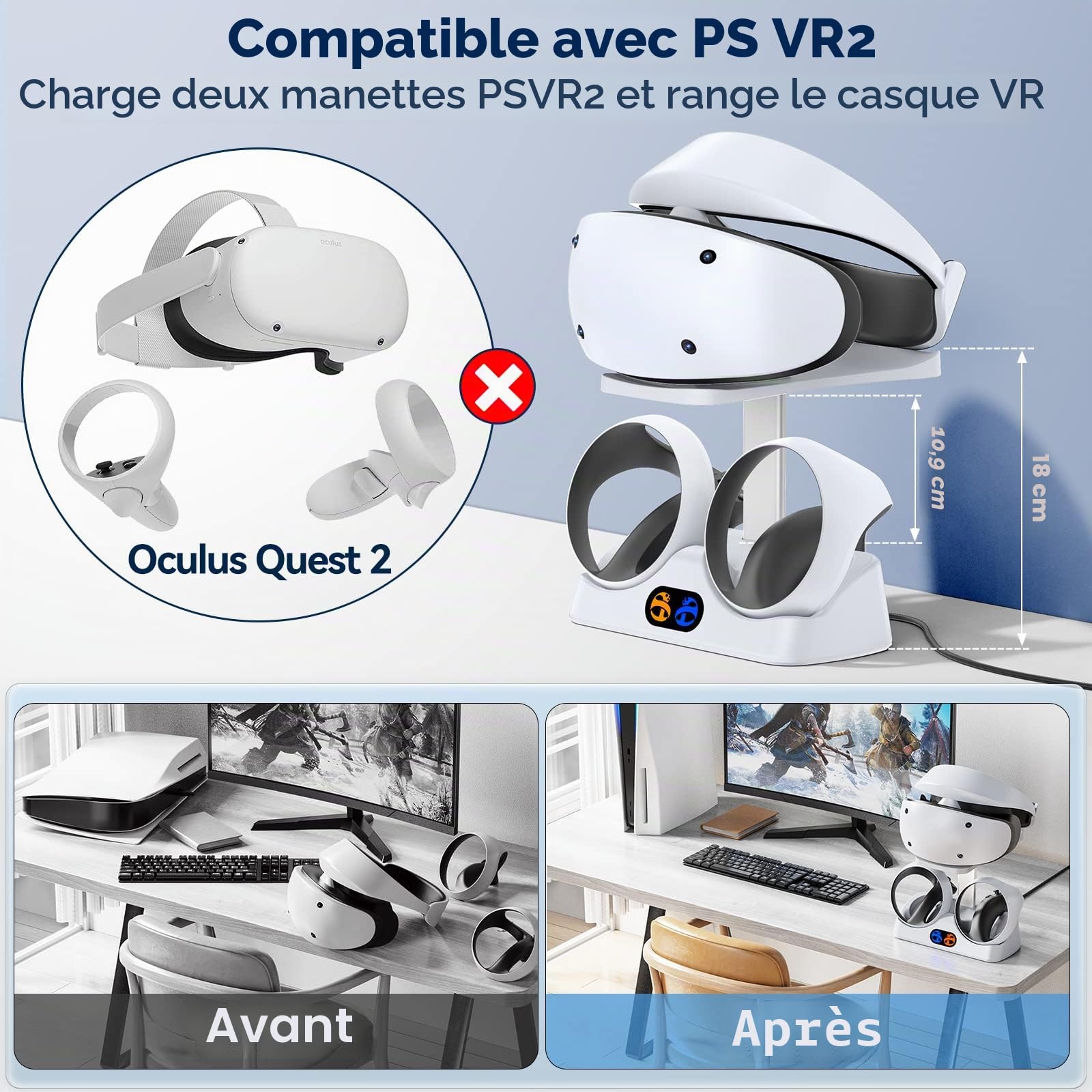 Tokluck Chargeur PSVR 2, Base de Chargeur Rapide 2H avec Support de PlayStation VR2, Station de Charge, Connecteur Magnétique et Câble de Type C, Accessoires