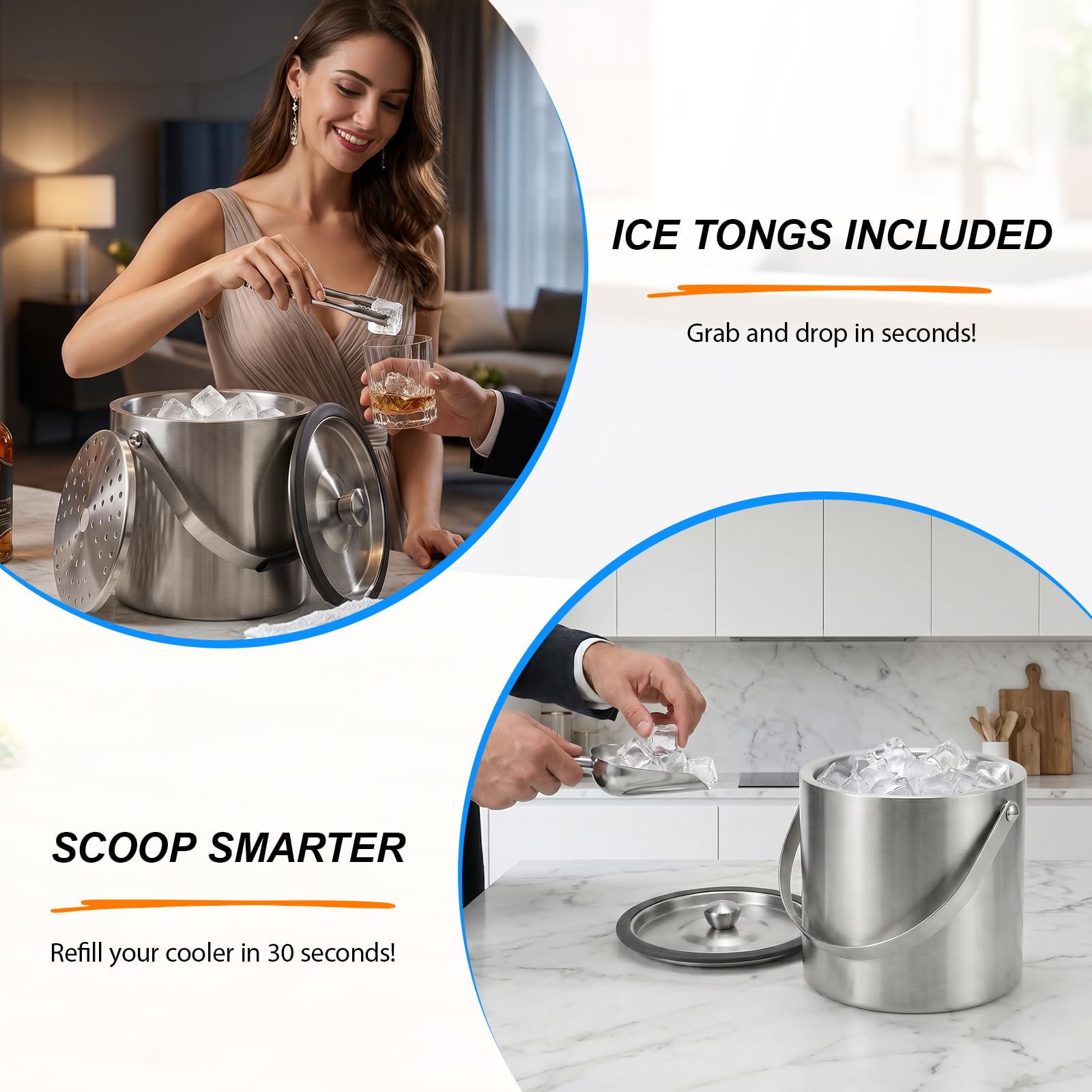 3L Cubitera de Acero Inoxidable, Cubo de Hielo con Tapa, Cuchara, Filtro y Clip Cubitera Aislado de Doble Pared Portátil Contenedores de Hielo para Fiestas, Restaurantes, Picnics, Vino