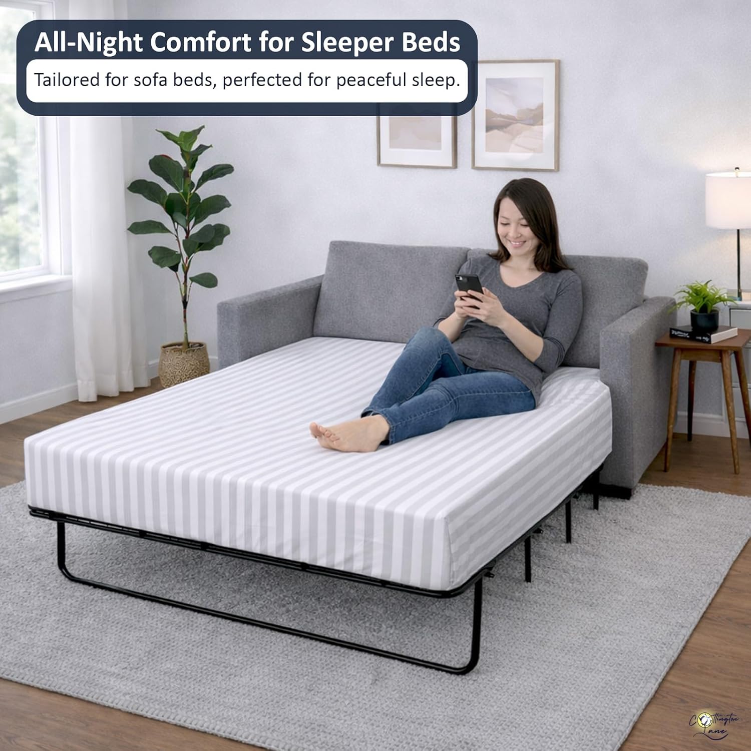 Cottington Lane 1 Piece Sleeper Sofa Fitted Sheet Twin Size, Premium Quality 100% Egyptian Cotton, 6 Inch Deep Sofa Bed/Pullout Couch Bottom Sheet Only, Cooling, Soft & Breathable, White Stripe