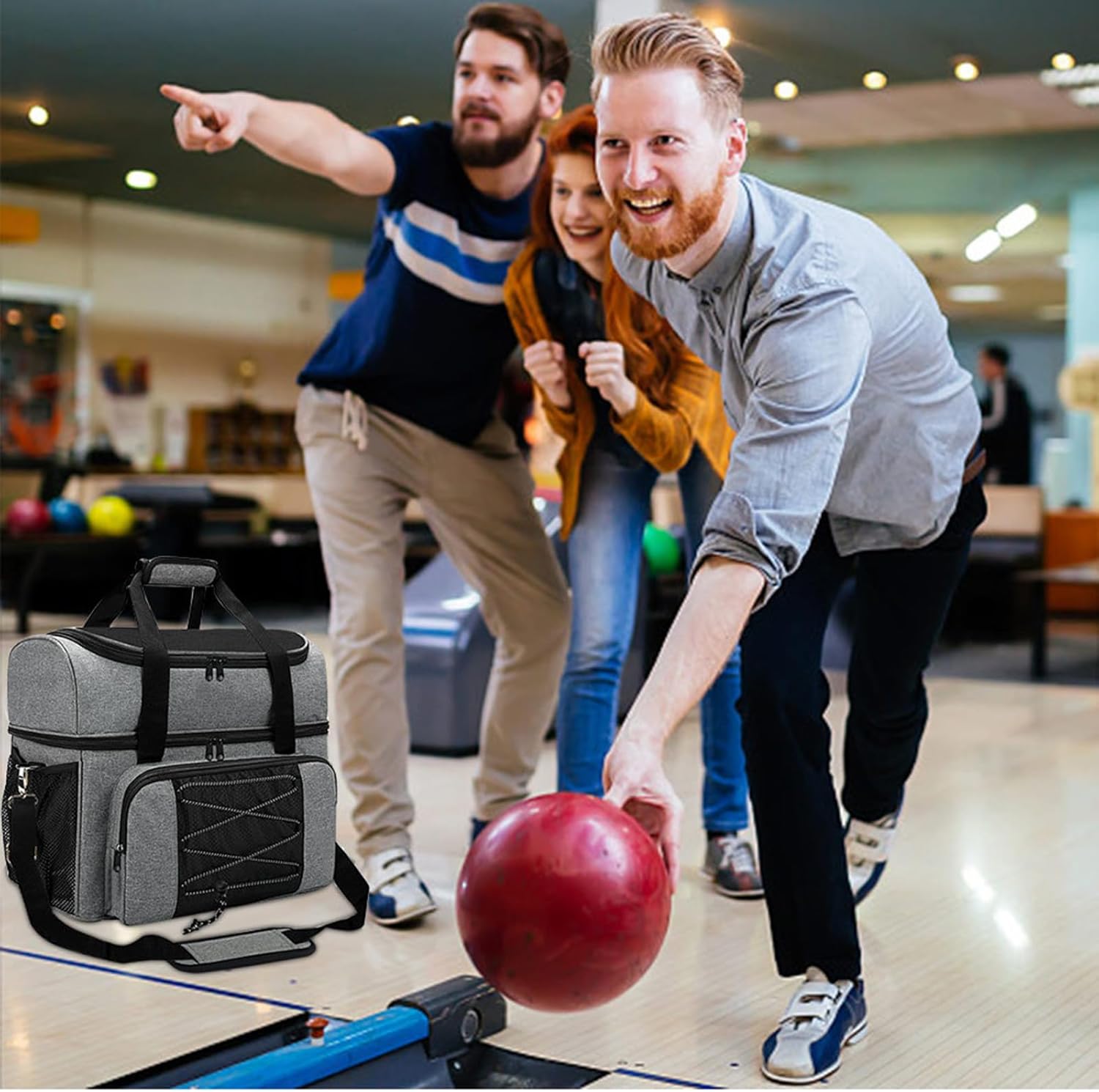 Meichoon Bowling Tote Bag Two Balls Upper Shoe Compartment Holds a Pair of Shoes up to Size 16 Interior Fitted with Adjustable Padded Shoulder Straps Cushioned Handles