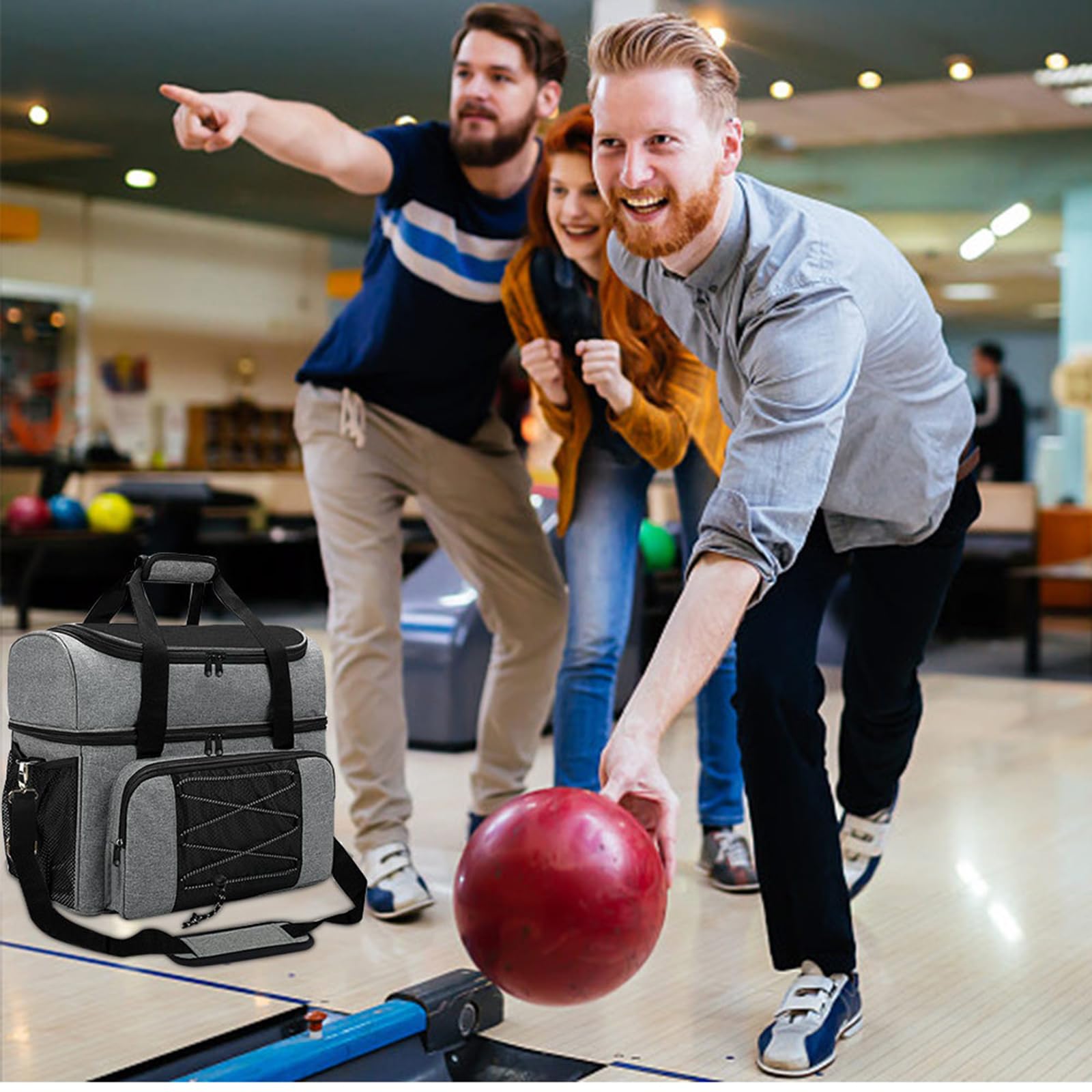 Bolsa de bolos con dos bolas, compartimento superior para zapatos con capacidad para un par de zapatos de hasta la talla 16, interior equipado con correas acolchadas ajustables para los