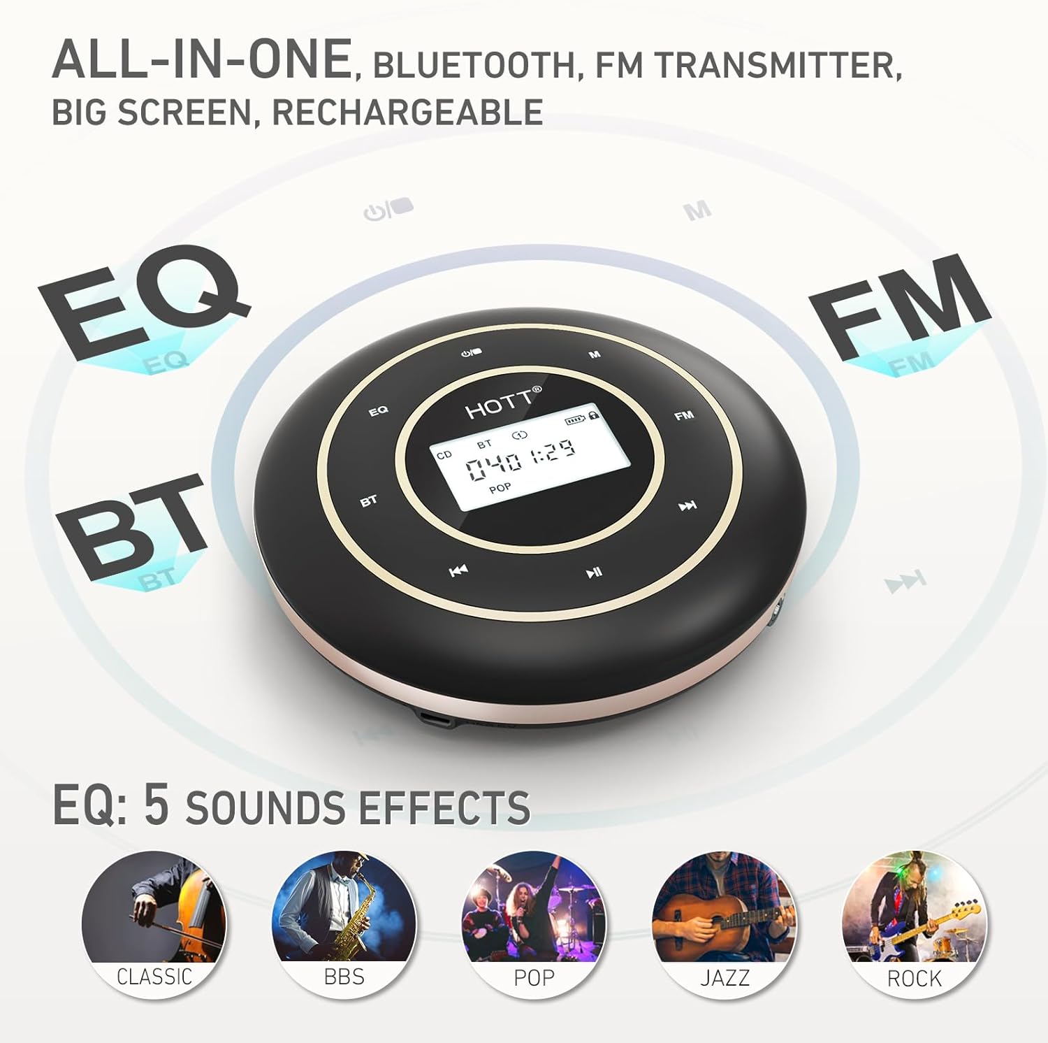 HOTT C105 Portable CD Player, Rechargeable Battery,Bluetooth/FM Transmit/AUX-Out, Anti-Shock, Backlight Vision Display, 5 EQ Modes for Car & Home Use