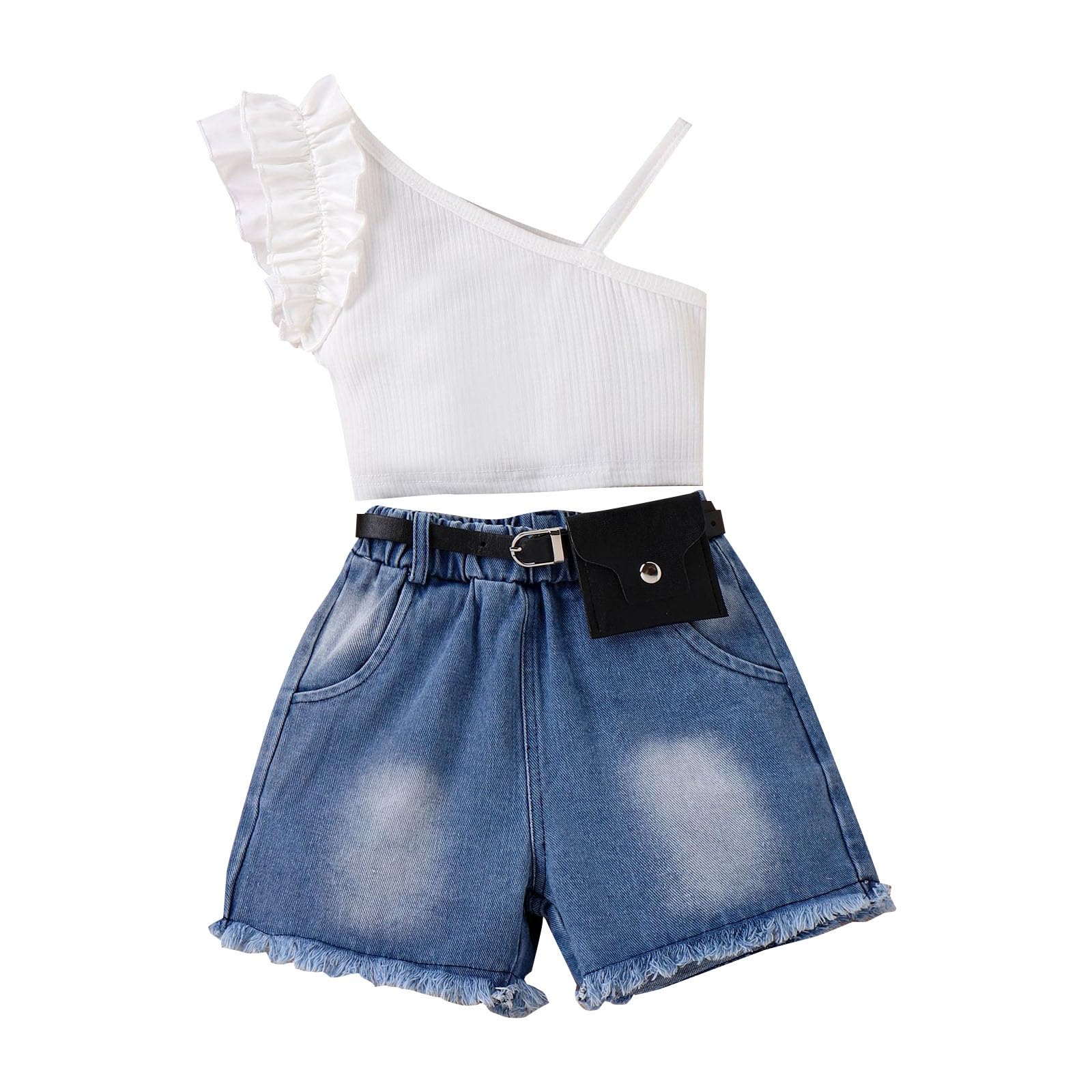 LDadgf Nuevo conjunto de verano para niñas con tirantes blancos, top y pantalones cortos de mezclilla, bolsillo y cinturón para la cabeza