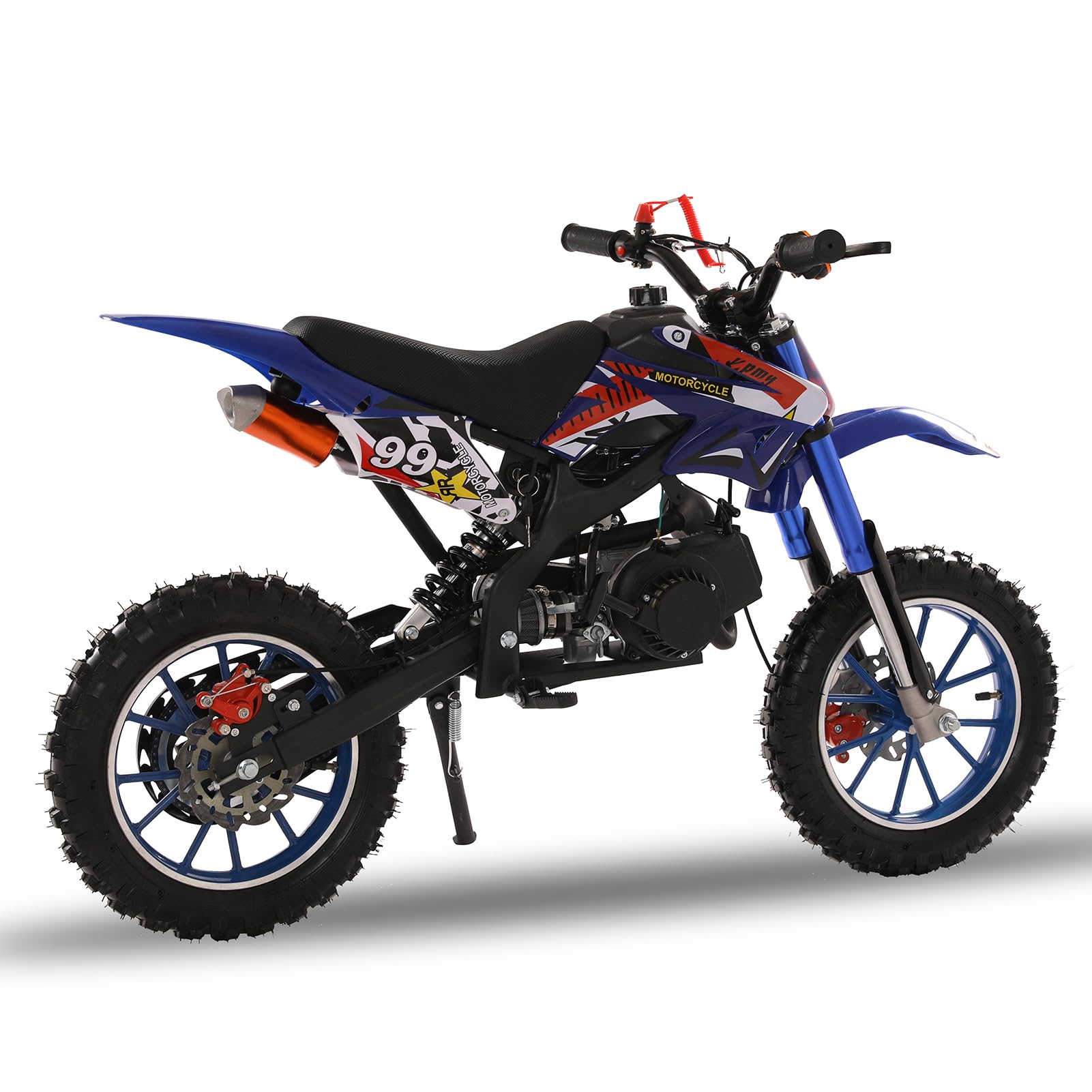 cdar 49cc Kids Dirt Bike, 2-Stroke Gas Power Motocross Off-Road Tires Shock Absorption Springs Soft Seat Cushion Pocket Motorbike with Front Rear Disc Brakes (Blue)