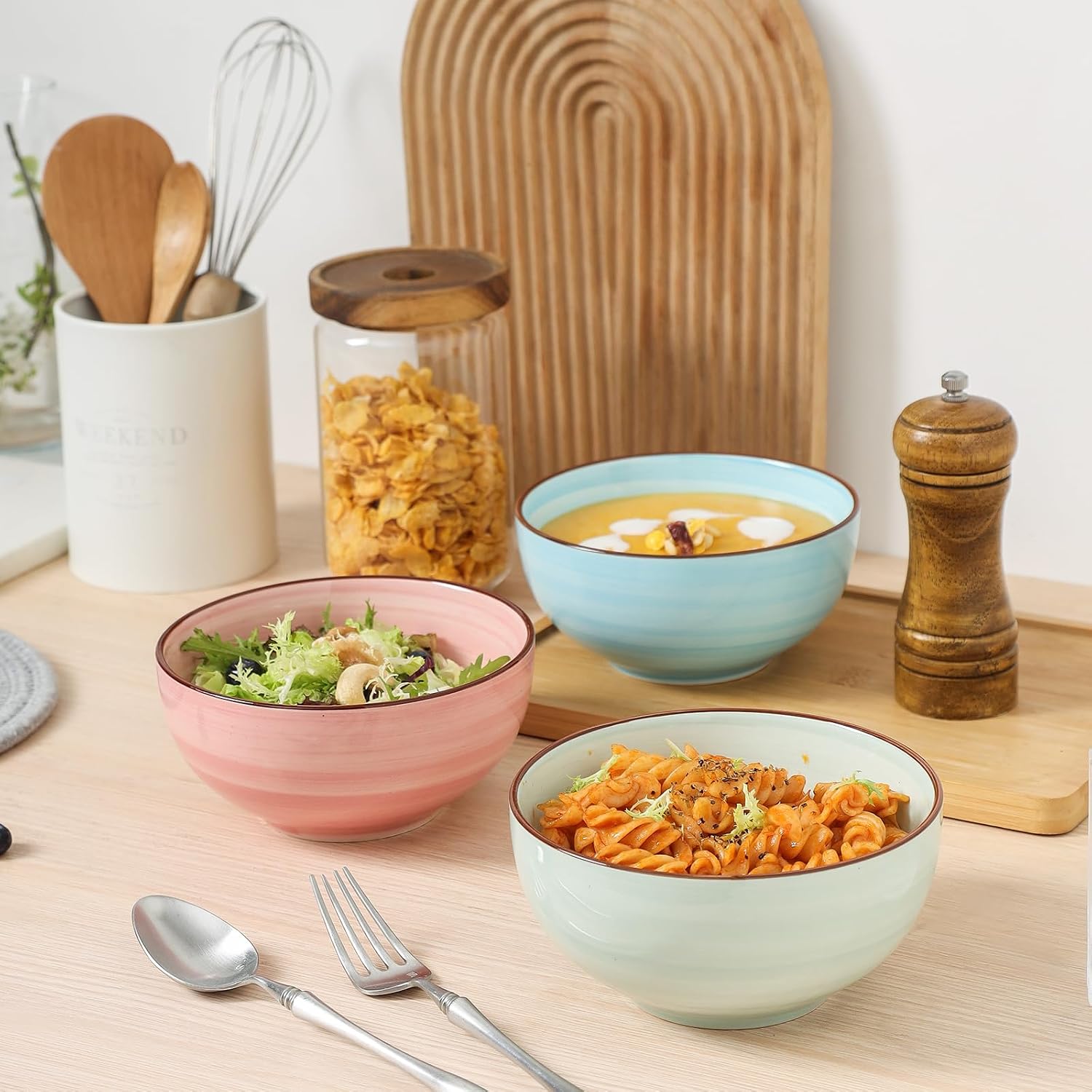 KitchenTour 24 OZ Cereal Bowls Set of 6, Ceramic Soup Bowls for Kitchen, 5.9 Inch Colorful Serving Bowls for Oatmeal, Salad, Pasta, Dessert - Microwave & Dishwasher Safe, Assorted Warm Colors image 4