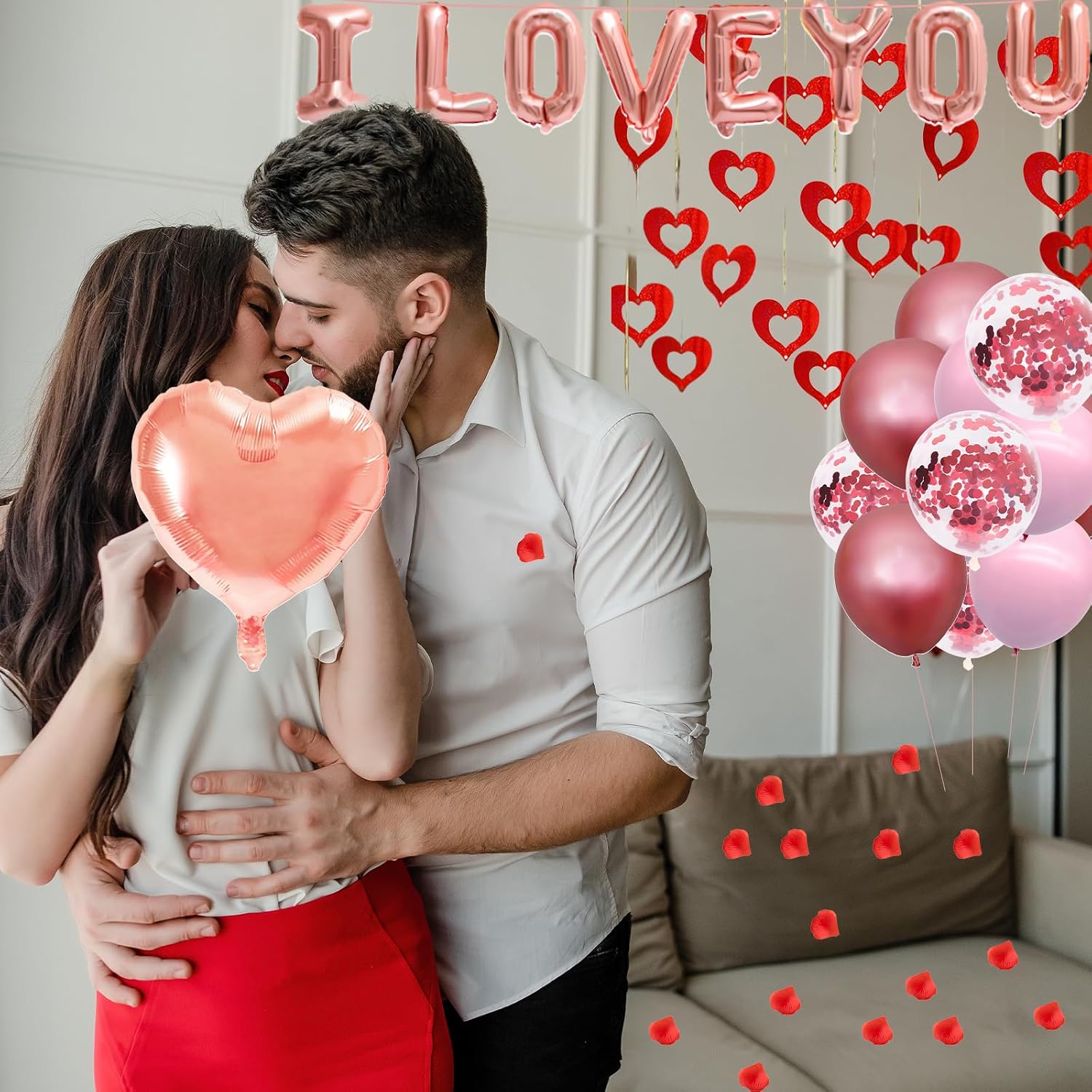 Romantic Valentine's Day Balloons Decorations Set - Heart Shaped and 'I LOVE YOU' Foil Balloon, Pink & Rose Gold & Confetti Latex Balloons, Pendants, and Rose Petals for Wedding Propose Party Favors