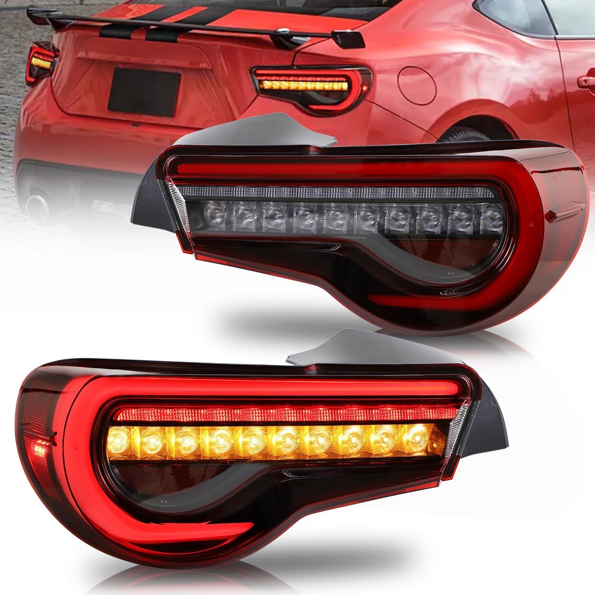 VLAND LED Tail Lights Assembly Compatible with GT86 2012-2019, BRZ 2013-2018, FRS 2012-2016, Rear Brake Lamps with 3D Full LED Light Bar Sequential Turn Signal (Red)