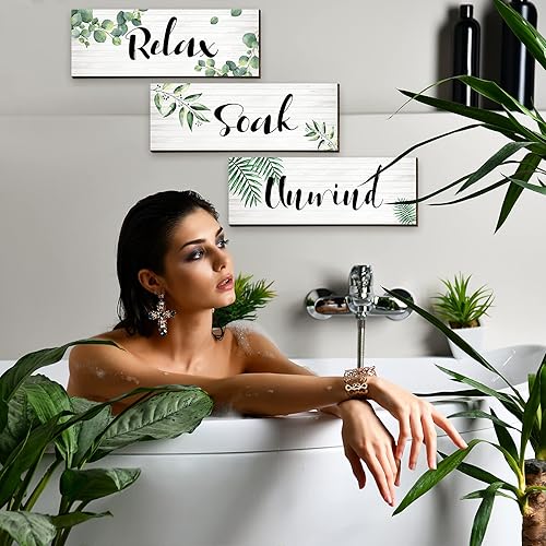 Miniatura 5 de Blulu 3 piezas de decoración de pared de baño verde Relax Soak Unwind Letrero de pared de baño verde botánico para baño, decoración de pared