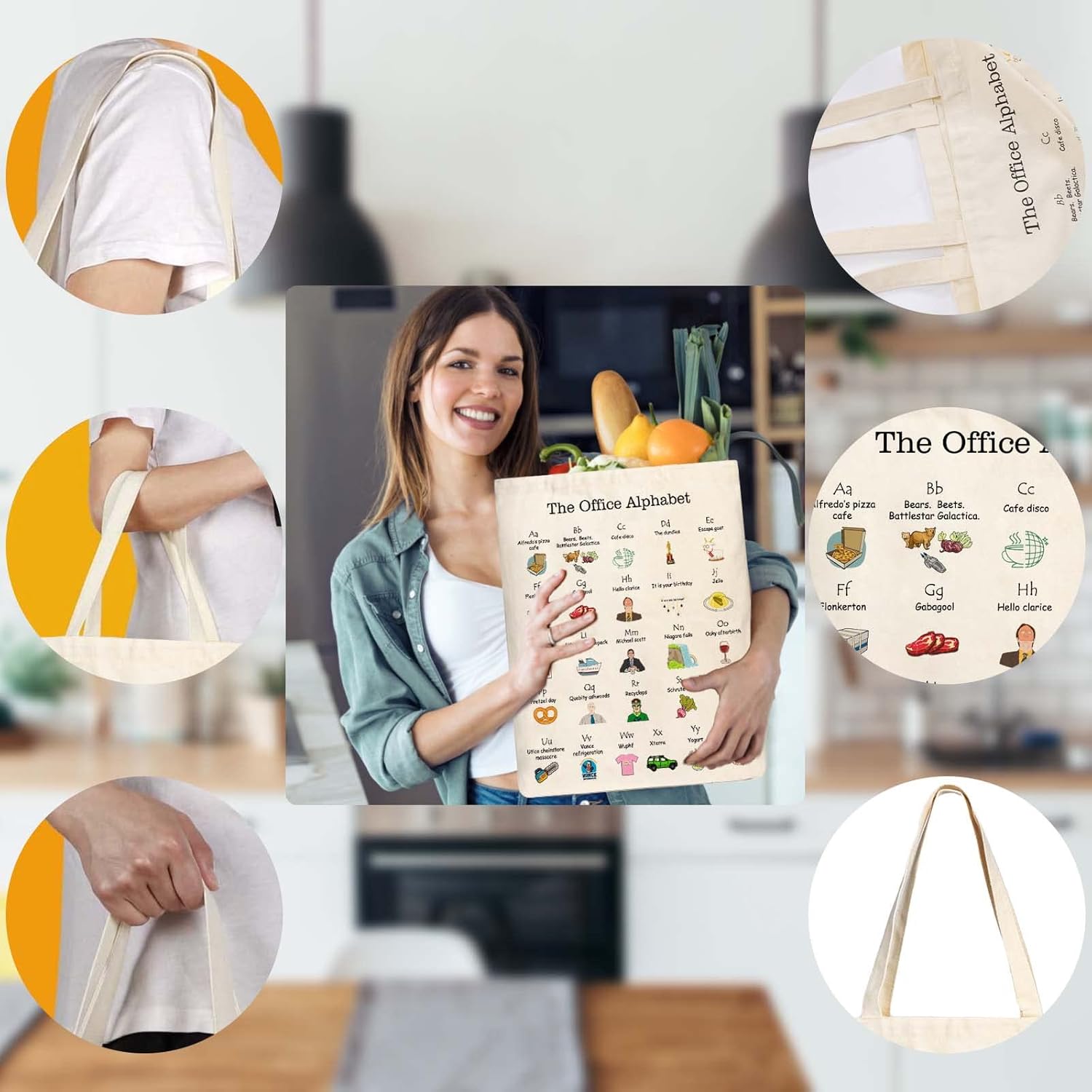 The Office Alphabet Tote Bag TV Show Merchandise Fans Kitchen Gifts Reusable Grocery Canvas Theme Presents for Office/Women/Sister, Shoulder/Travel/Work, White - Image 5