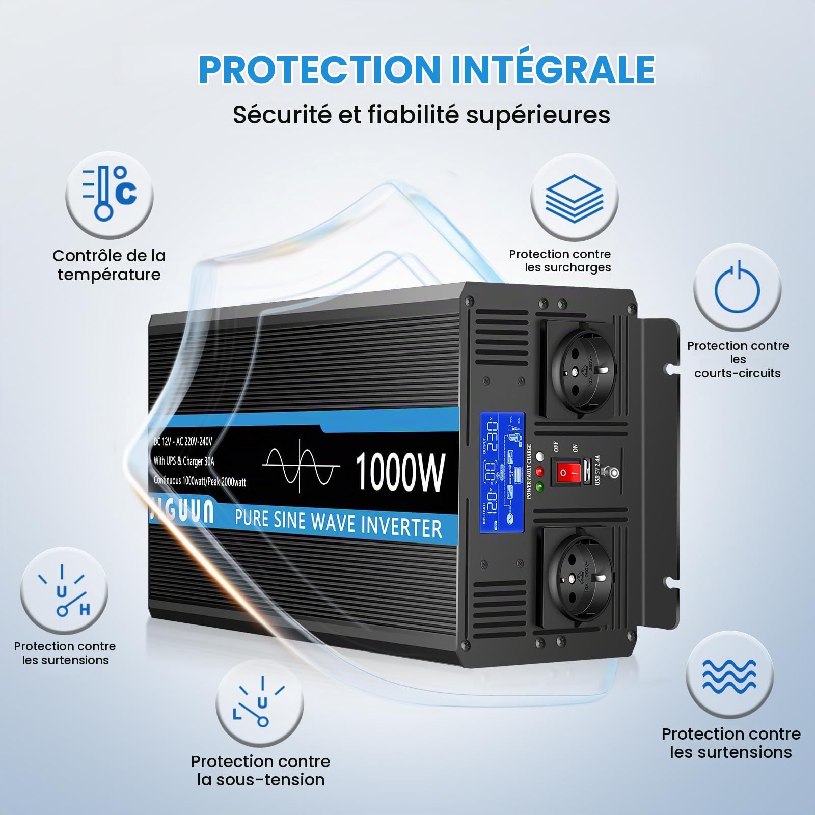 JIGUUN 1000W Convertisseur 12V 220V Pur Sinus avec Chargeur 30A et Fonction priorité Secteur et ASI，2 Prises EU，Commande sans Fil et Affichage LCD Puissance de crête 2000W (1000W12V)