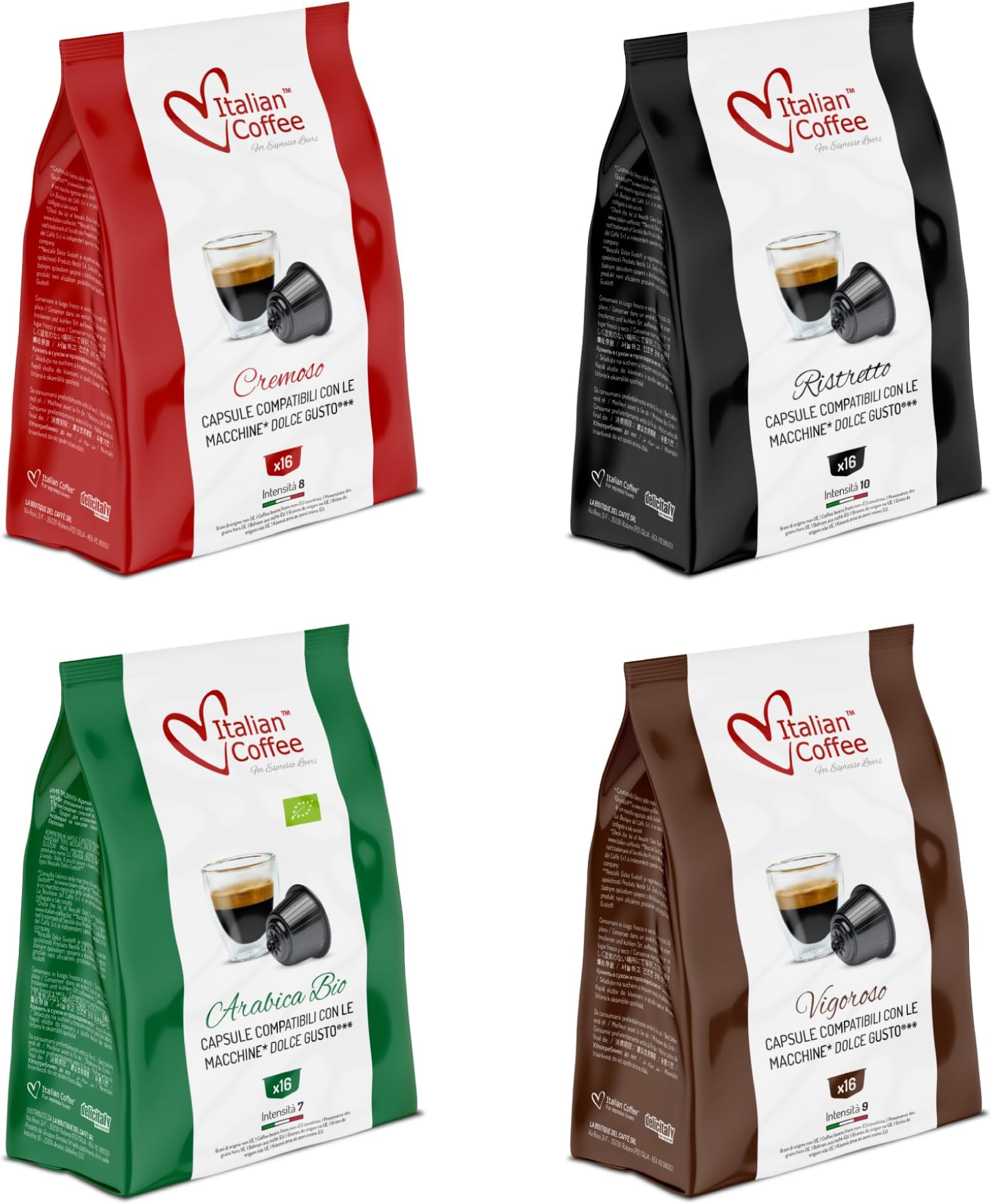 Italian Coffee, 64 Coffee Capsules Compatible with Nescafé® Dolce Gusto® – Assorted Espresso Bundle, Cremoso, Vigoroso, Arabica Bio, Ristretto, Four Blends to Discover