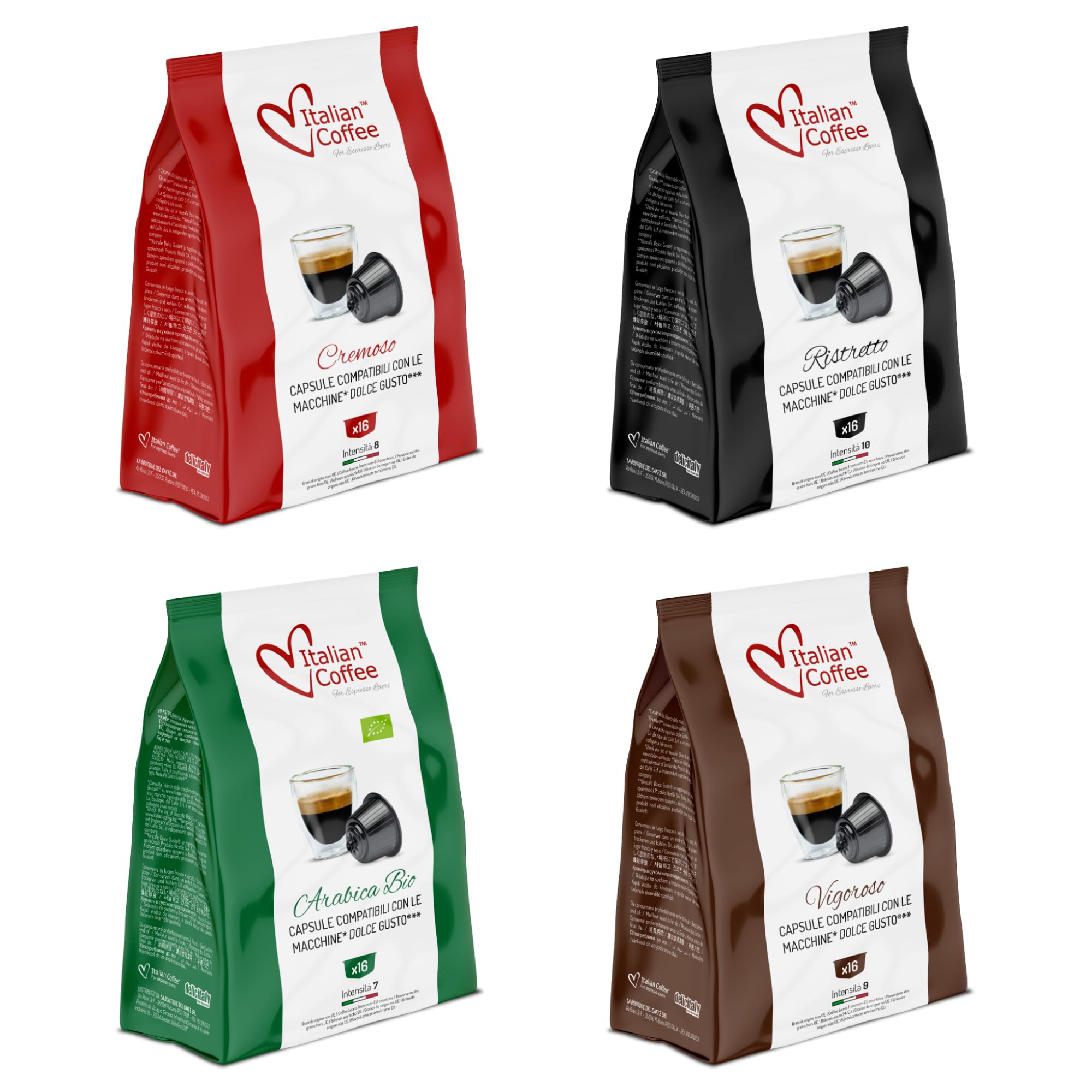 Italian Coffee, 64 Coffee Capsules Compatible with Nescafé® Dolce Gusto® – Assorted Espresso Bundle, Cremoso, Vigoroso, Arabica Bio, Ristretto, Four Blends to Discover