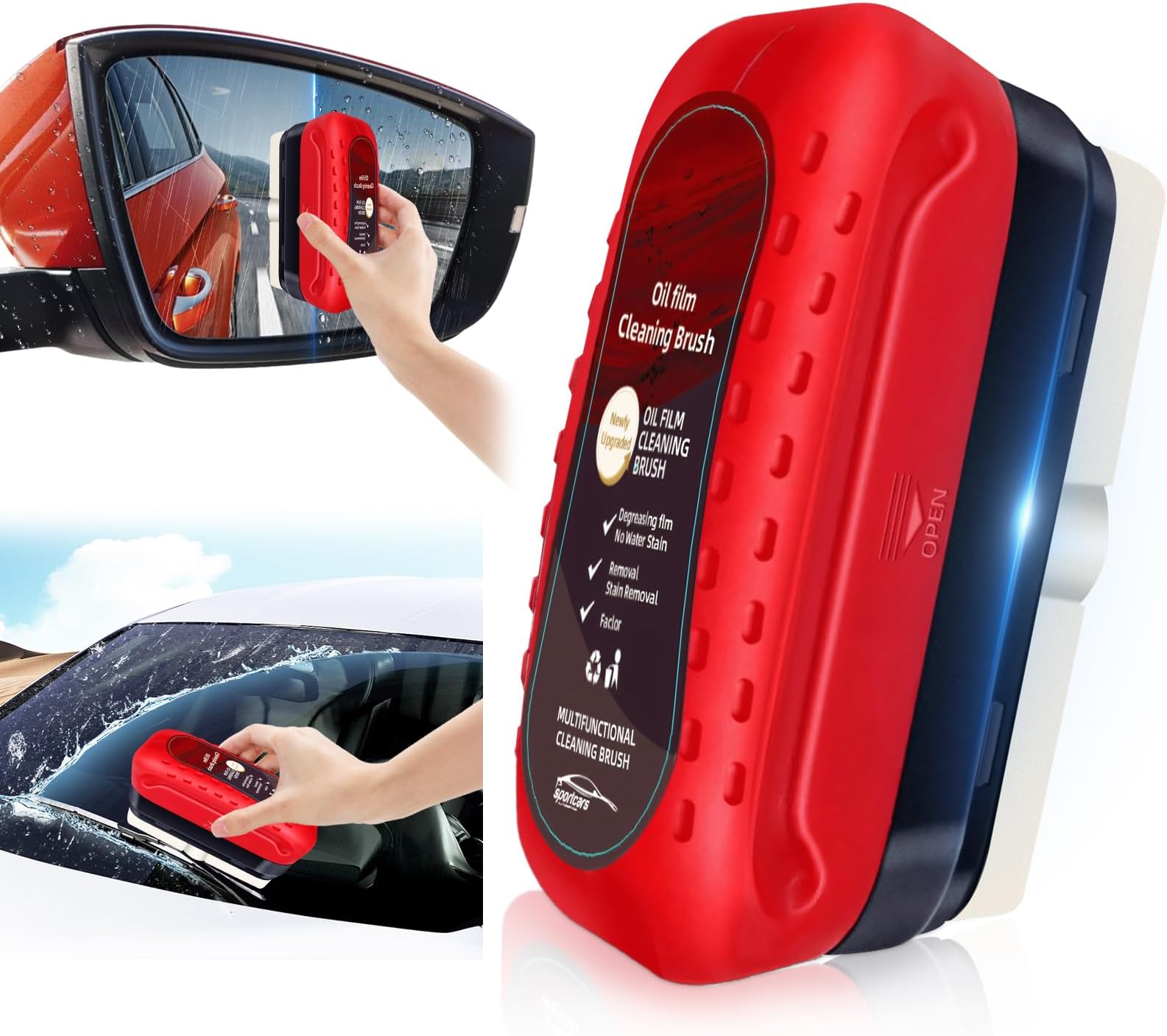 Automotive Oil Film Cleaning Brush with Reusable Foam Sprayer, Upgraded Antifog Glass Cleaning Board, Glass Oil Film Remover for Car Windows & Windshields, Versatile Car Glass Cleaner Brush (Red)