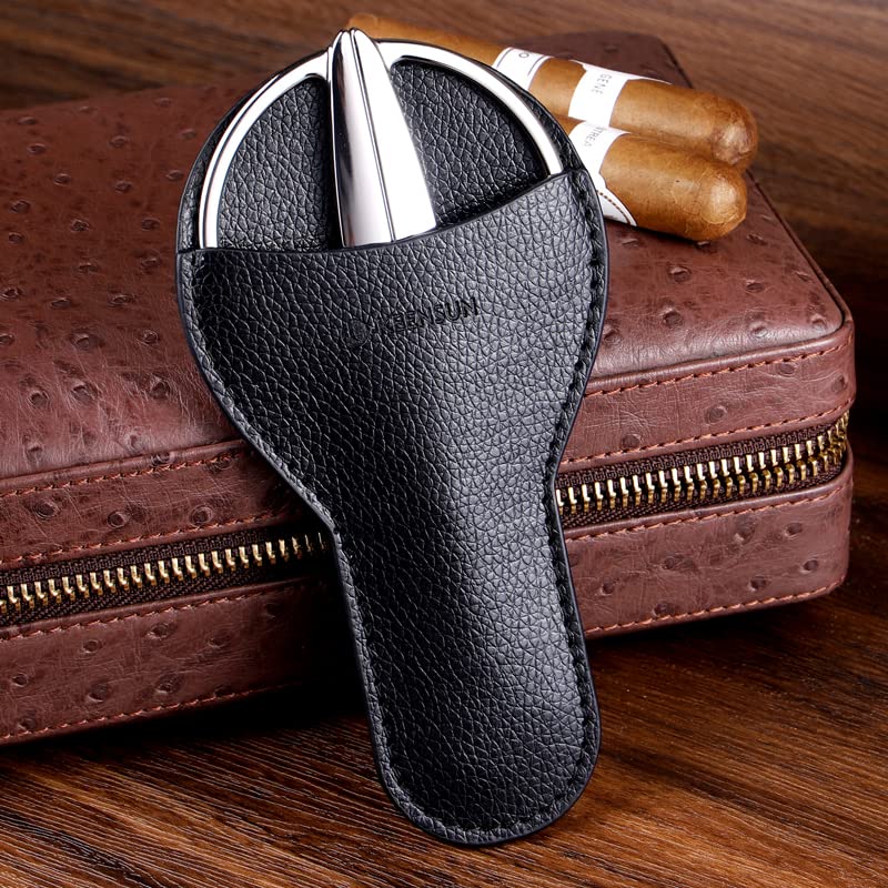 Image of KEENSUN Cigar Scissors Cutter, Stainless Steel Guillotine Double Blade Straight Cut Scissors (Silver) with Leather Case Cigar Accessories for Cigars(2.75 inch Handle Width)