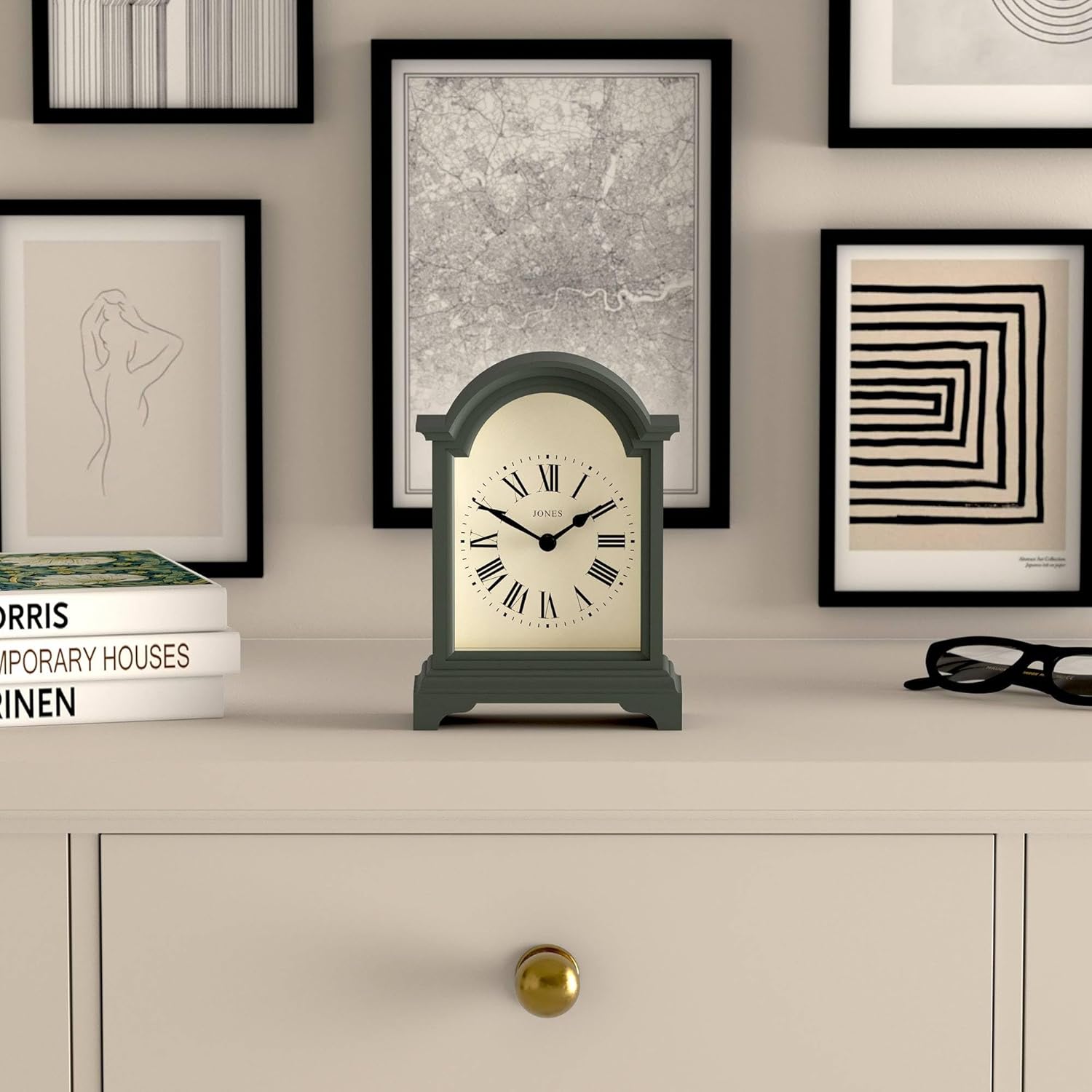 JONES CLOCKS® Bistro Mantel Clock | Small Classic Arch top Carriage Clock Design | Green | Contemporary Classic Style for Mantel, Desk, Table, Shelf and Bedside