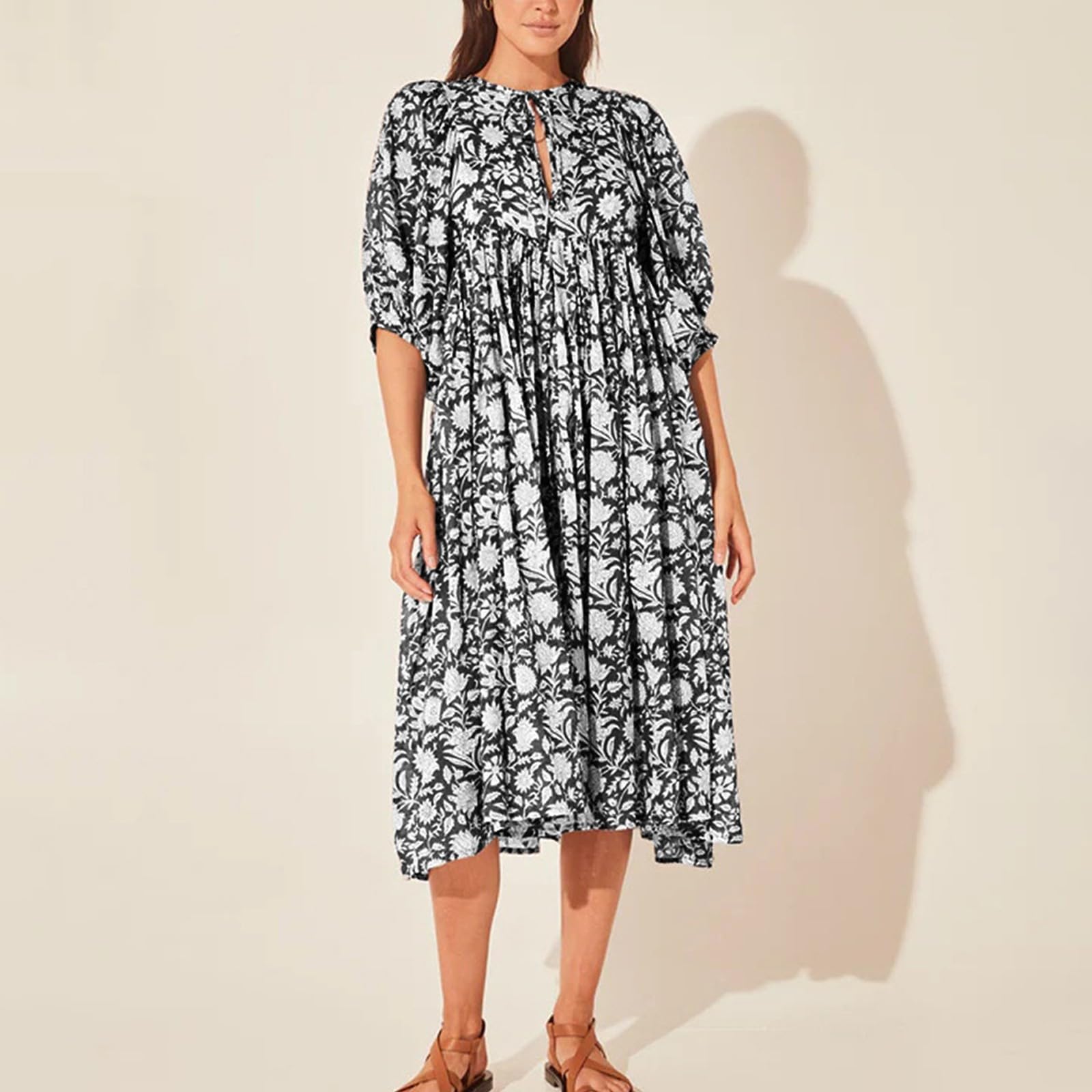 Vestidos Casuales De Verano for Mujer, Vestido Playa Midi Suelto con Mangas Abullonadas Y Estampado Floral, Medio Abierto