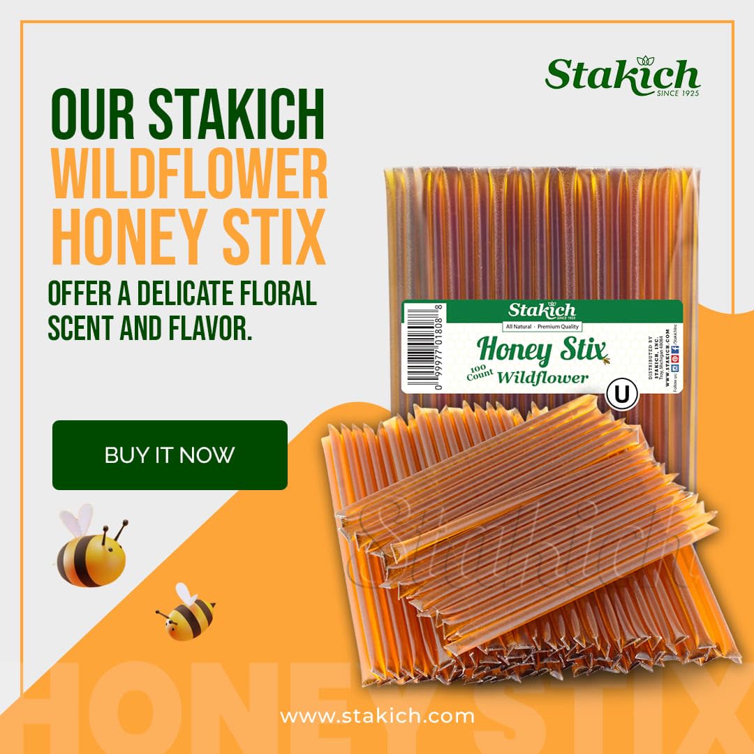 Stakich Wildflower Honey Stix - Kosher Certified, Preservative Free - Wildflower 500 Count