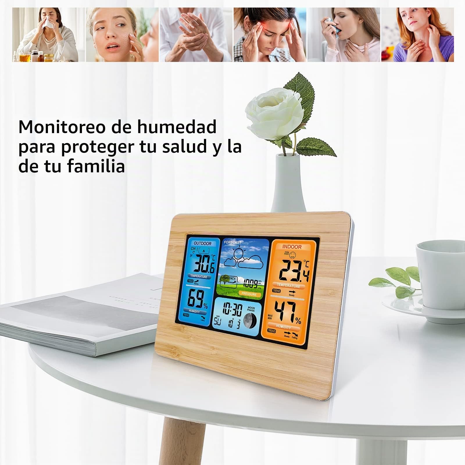 Estación meteorológica digital inalámbrica con sensor exterior, termómetro interior y exterior con tiempo, temperatura, humedad, barómetro, despertador (madera actualizaciones)
