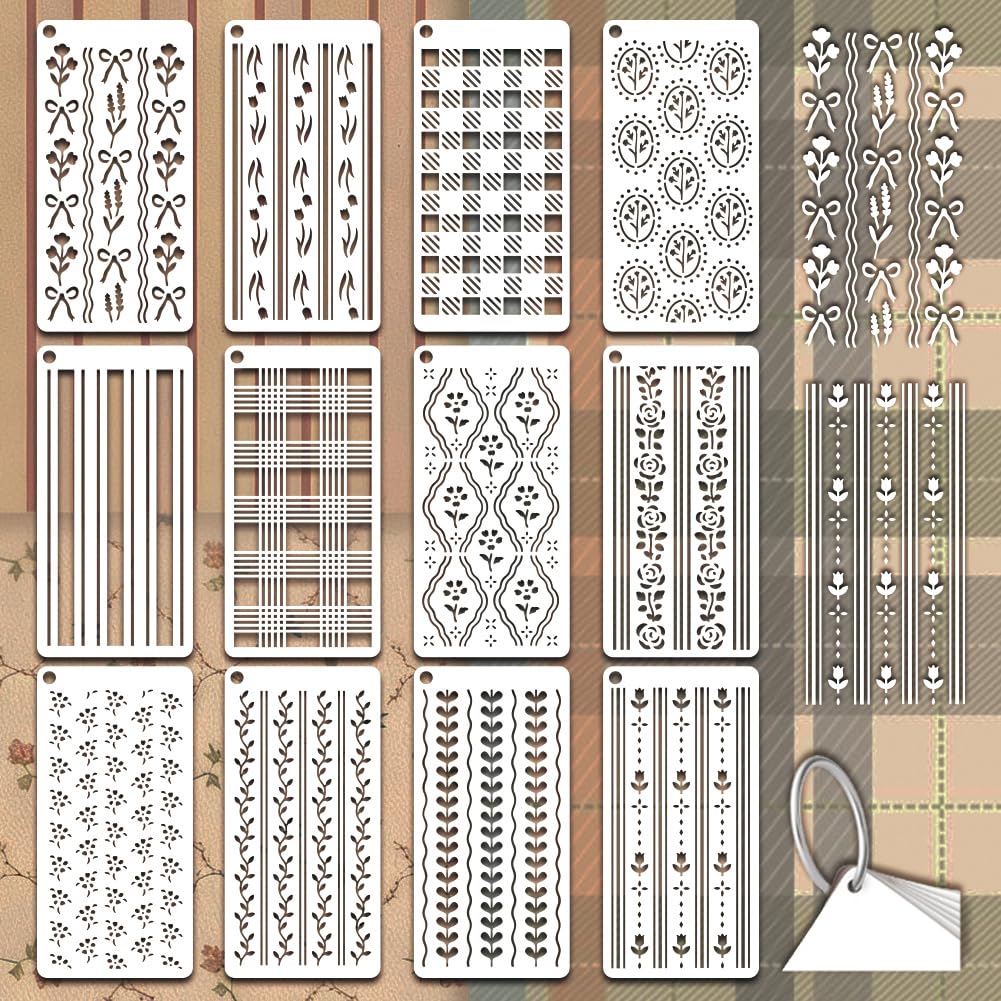 GOMAKERER 12 Sheets Country Style Stencils for Painting, 12 Styles Flowers Leaves Bows Stripes Checks Drawing Templates Vintage Stripe Plastic Art Templates for Painting on Wall Wood Home Decor — image 1
