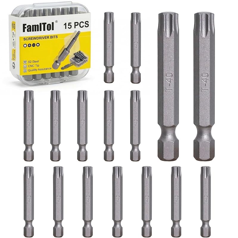 Kit de Bits Torx T40 Magnéticos em Aço S2 com Haste Sextavada de 6,35 mm FamlTol, 15 peças