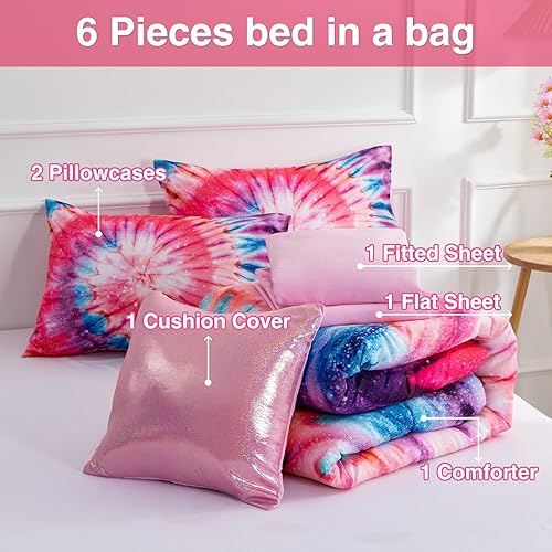 Miniatura 4 de A Nice Night Juego de ropa de cama de 6 piezas en una bolsa, juego de edredón para niños, galaxia teñido anudado, patrón de remolino psicodélico,
