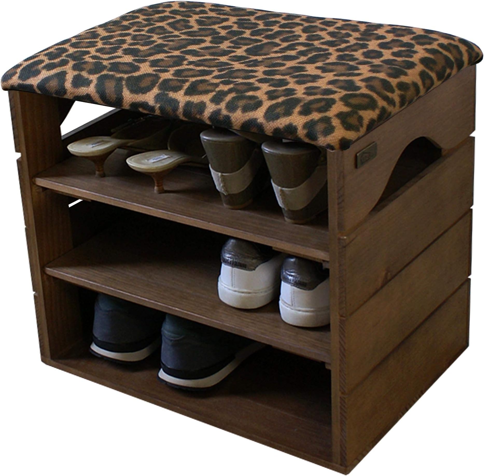 LIZA LINE SHOE RACK (Walnut Brown) - Premium Vintage Wooden Shoes Organiser, Storage Bench with Soft Seat Cushion for Entryway, Hallway. Solid Nordic Wood. 51 x 47 x 35 cm (Leopard 1)