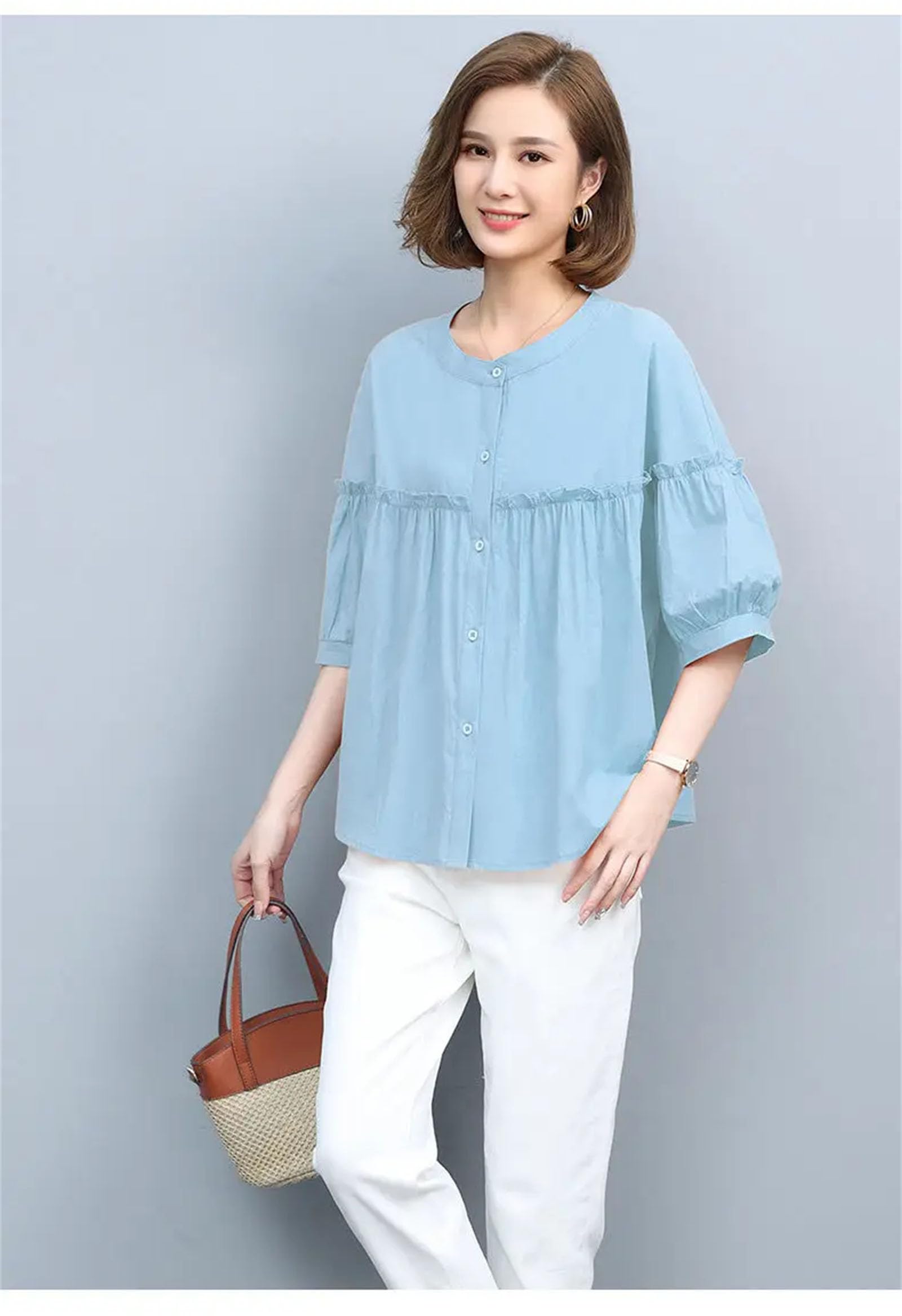 Camicette da donna con volant impiombati con bottoni per donne casual pieghe allentate maniche a lanterna camicette top