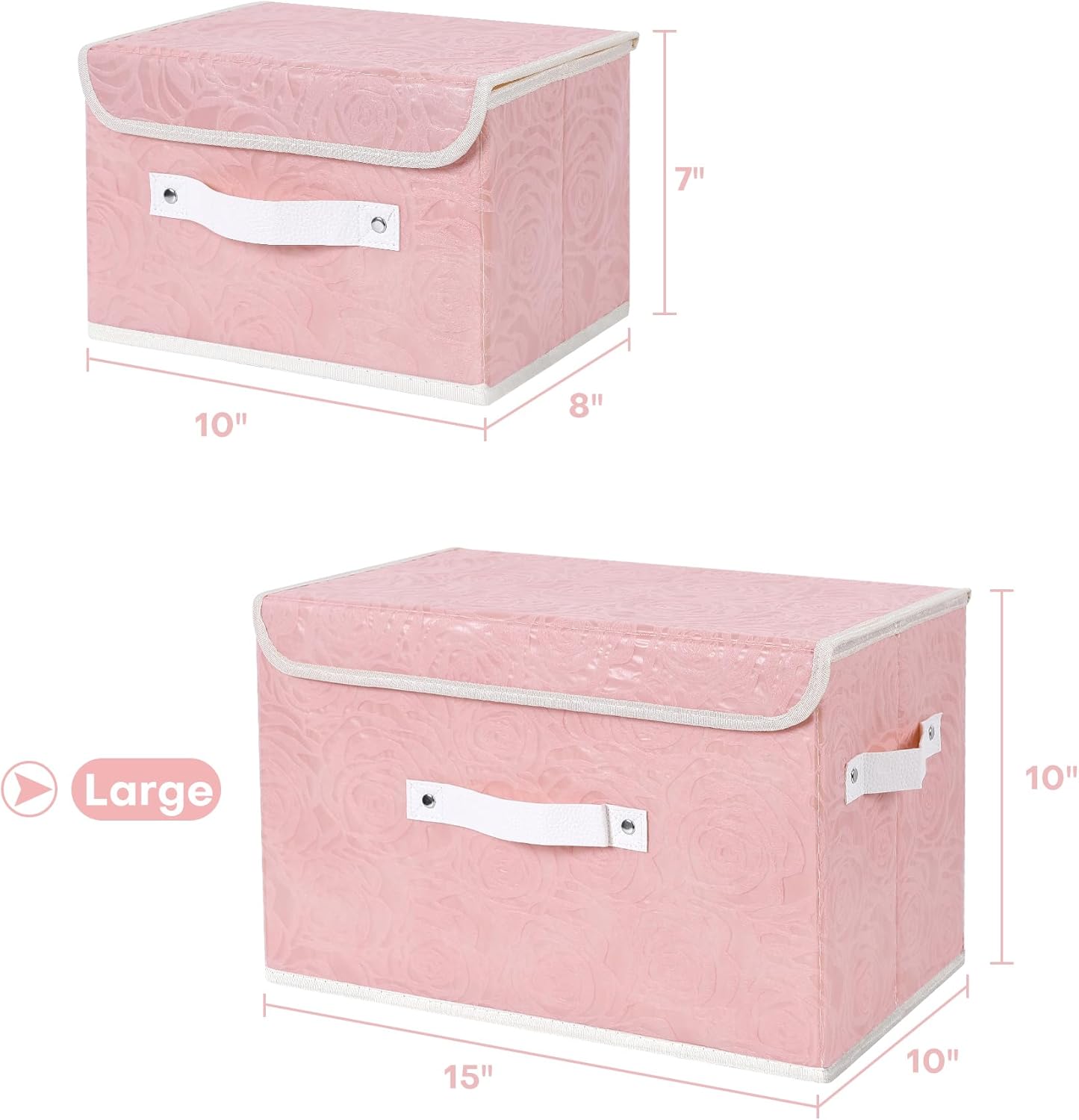 ANMINY 4PCS Fabric Storage Bin with Lid Rose Print Storage Box Basket with PU Leather Handles Washable PP Plastic Board Decorative Foldable Lidded Shelf Cubes Closet Organizer - Pink, Large Size