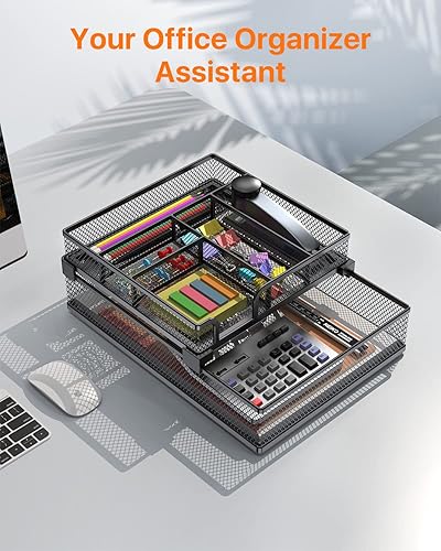 Miniatura 8 de Organizador de papel de malla metálica 2 en 1, organizador de cajones de escritorio, bandeja de cartas, bolígrafos, lápiz, bandeja organizadora de