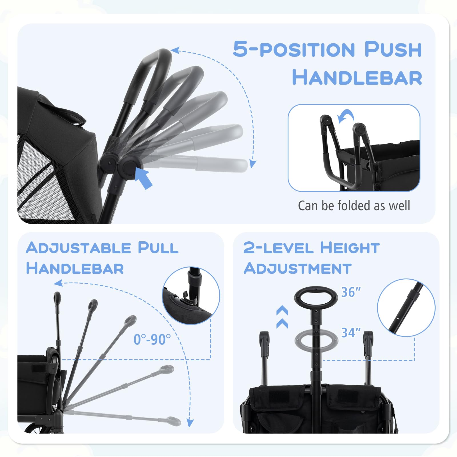 HONEY JOY Wagon Stroller for 2 Kids, 2 Seater Toddler Quad Stroller Wagon, Adjustable Push/Pull Handle Bar, Drop-Down Footwell & Upholstered Seats, Collapsible Kids Wagon with Canopy(Black)