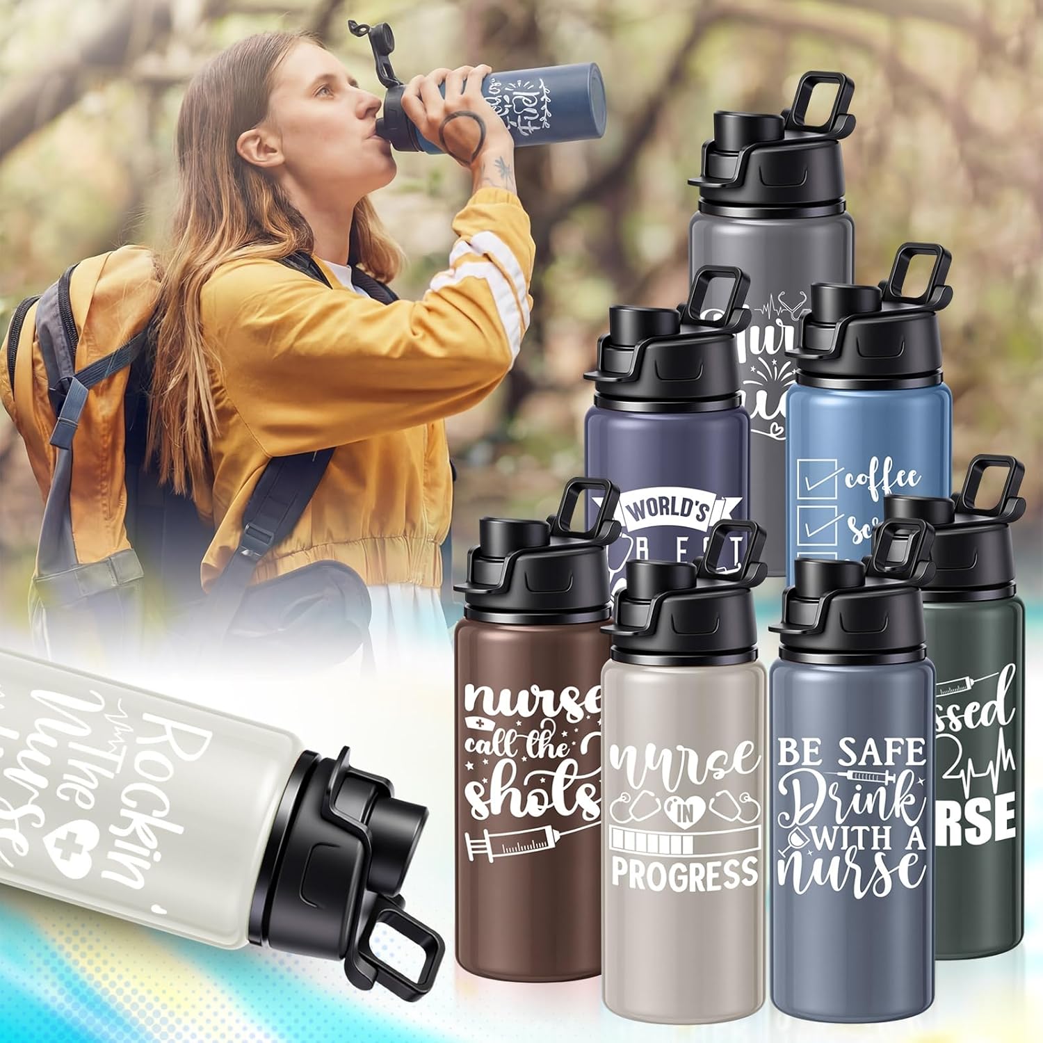 10 Pcs Nurse Appreciation Gifts Bulk 20 oz Aluminum Thank You Brown Tumblers with Lids and Straws, Reusable Sports Water Bottles for Nurse Week Practitioner Graduation Women Artistic