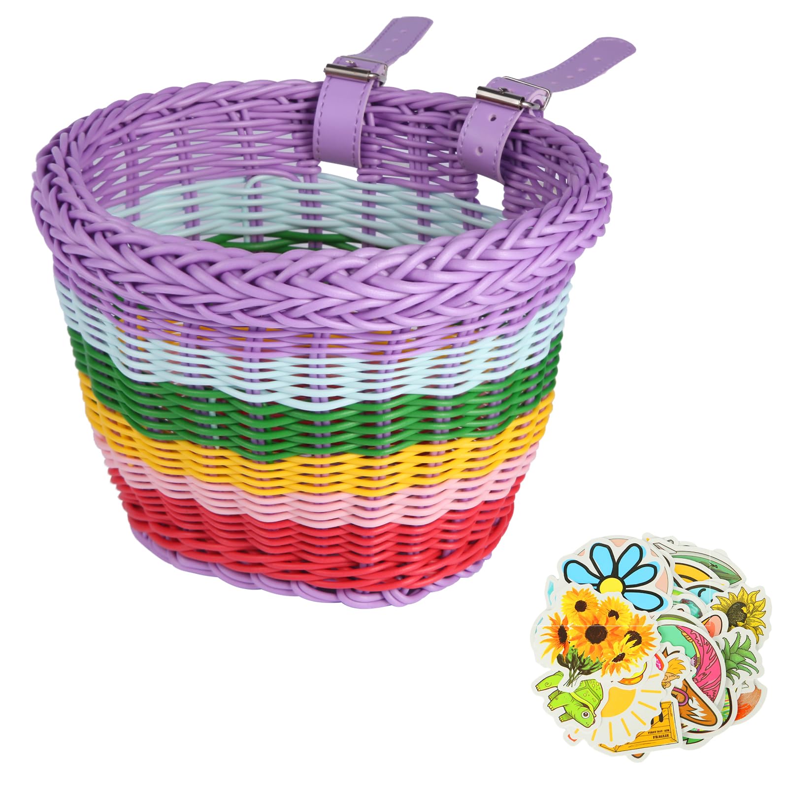 JIUAI Kids' Bike Basket, Handwoven Children's Cycle Basket with Personalised Sticker Pack, Scooter Basket for Boys and Girls, Easy to Install & Detachable with Leather-Look Strap. (Rainbow)