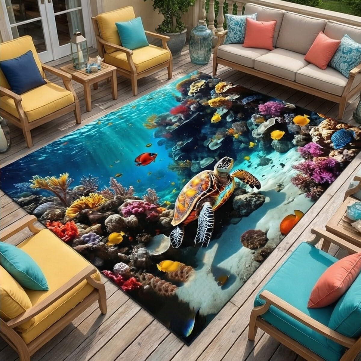 Natural Underwater World Outdoor Area Rugs 4x6 Colorful Turtle Corals Fishes Pattern Waterproof Non Slip Thin Easy Clean Carpets for Garden Backyard Balcony Patio Camping Deck Poolside Mats