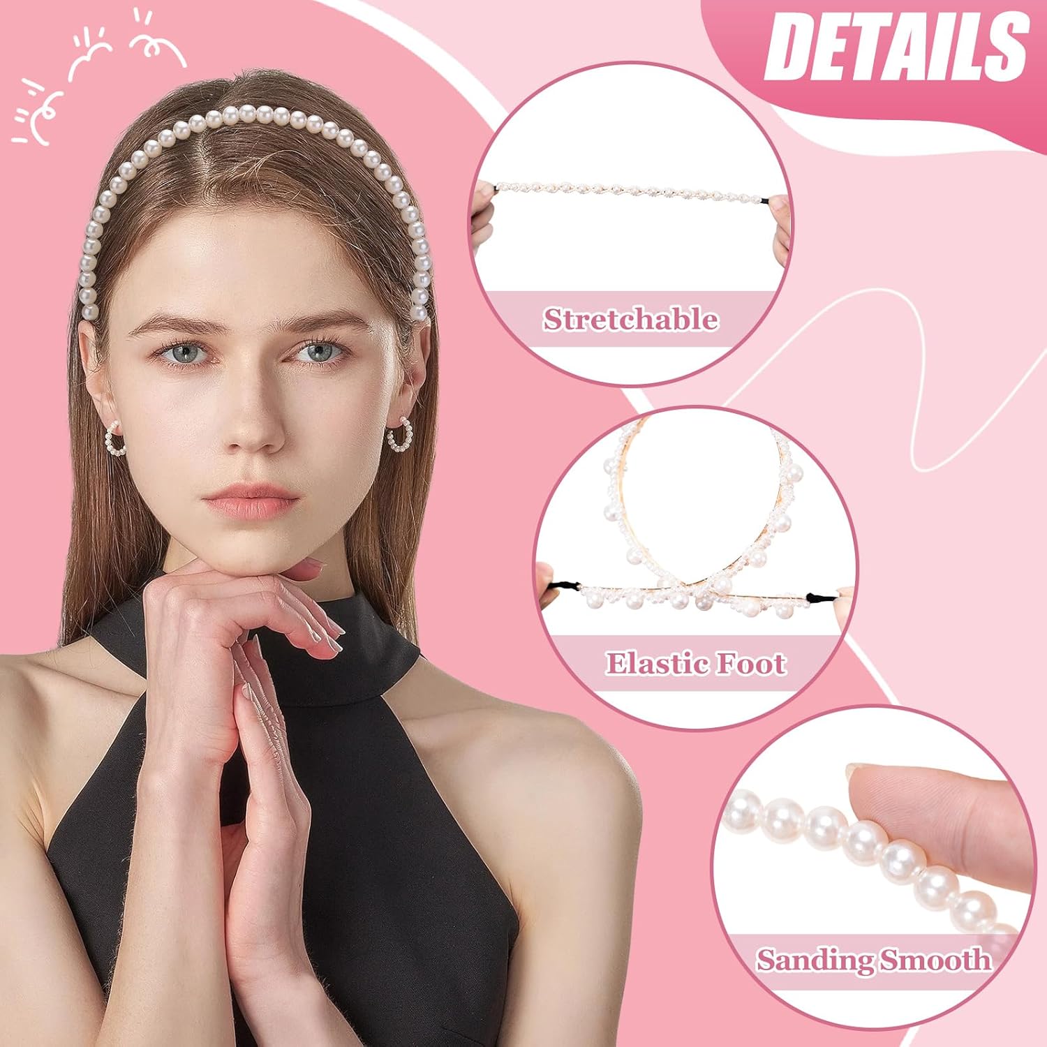 6PCS Pearl Headband Rhinestones Hairbands White Bridal Hair Hoop Sparkly Beaded Cute Wedding Headband Hair Accessories for Women Flower Girl - Image 5
