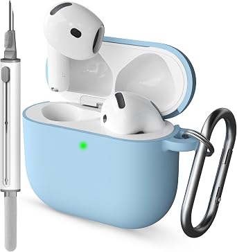 Case for AirPods with Cleaner Kit Shockproof Protective Soft Silicone Case Cover with Keychain for Apple Airpods 4th Generation 2024 Released Sky Blue