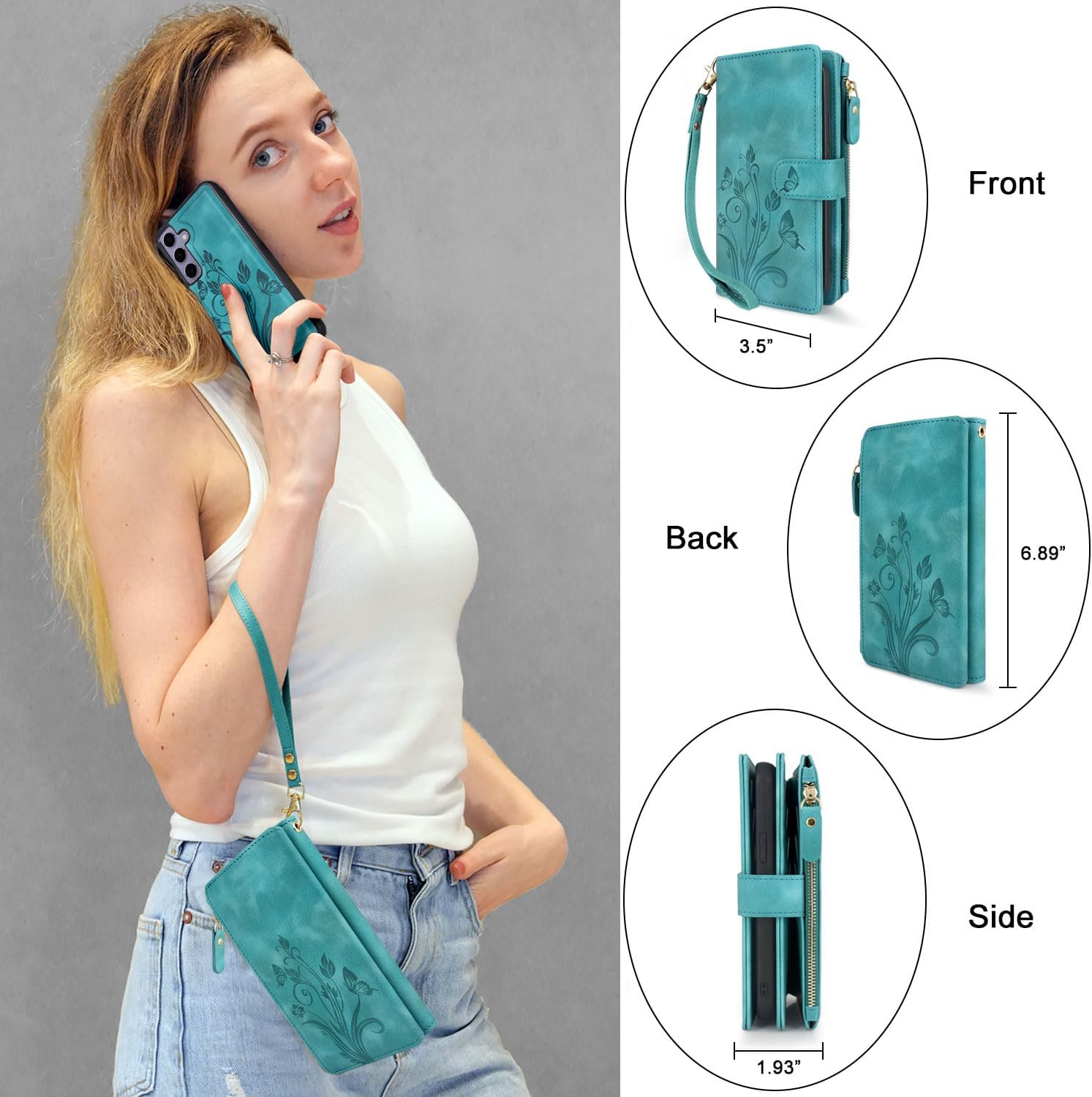 Lacass Case Wallet for Samsung Galaxy S24 6.2 inch 2024, [12 Card Slots] ID Credit Cash Holder Zipper Pocket Detachable Leather Wallet Cover with Wrist Strap Lanyard（Floral Blue Green）