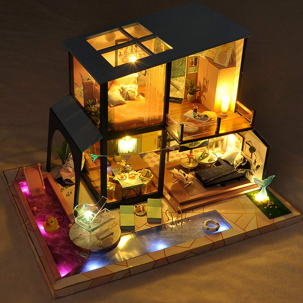 Edificio Moderno Kit di Assemblaggio Fai da Te per Casa delle Bambole Kit per Casa delle Bambole in Miniatura in Legno Carillon con Copertura Antipolvere Miniature da Costruire