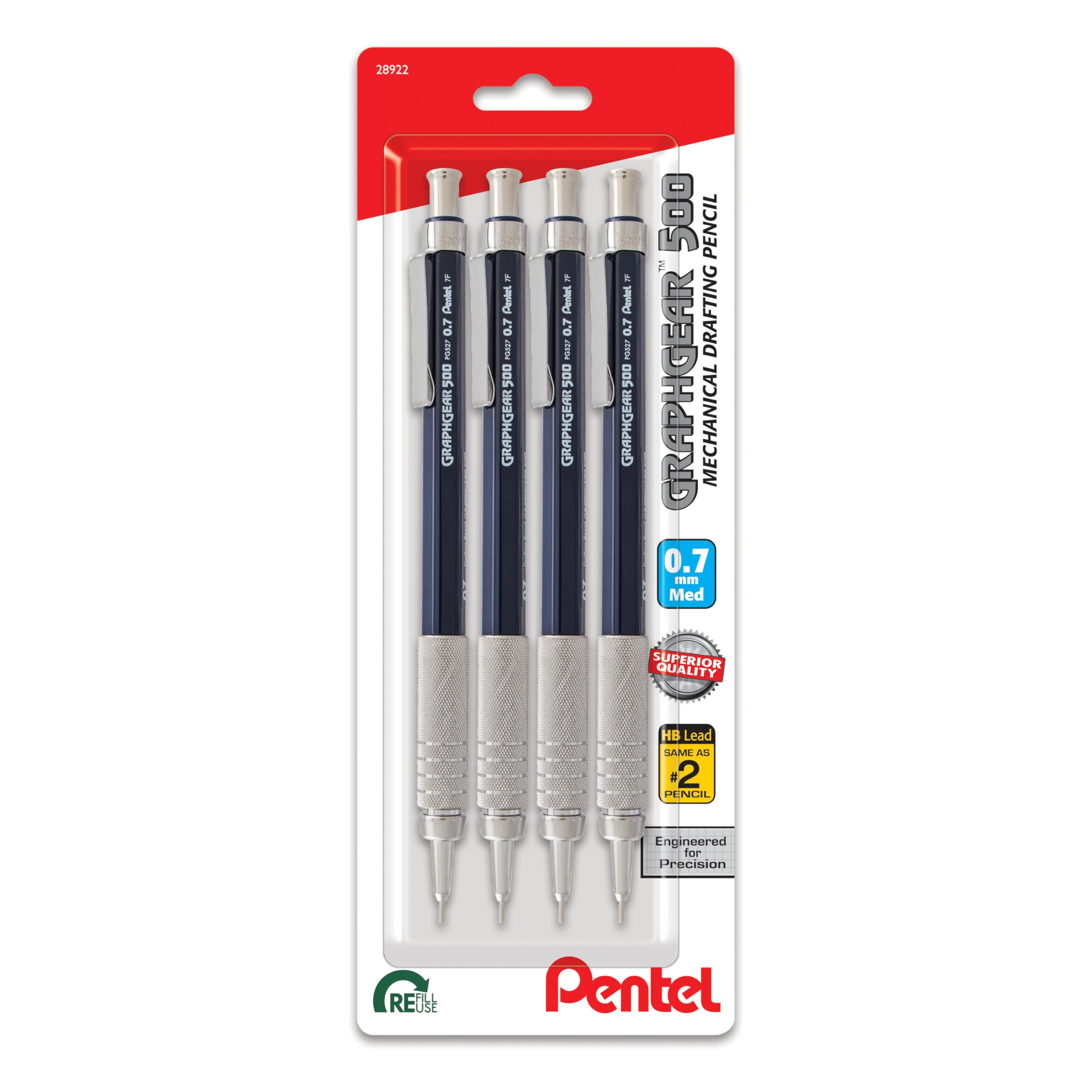 GraphGear 500 Mechanical Drafting Pencil, (0.7mm), Medium Line, Blue Barrel, Pack of 4 (PG527BP4C)