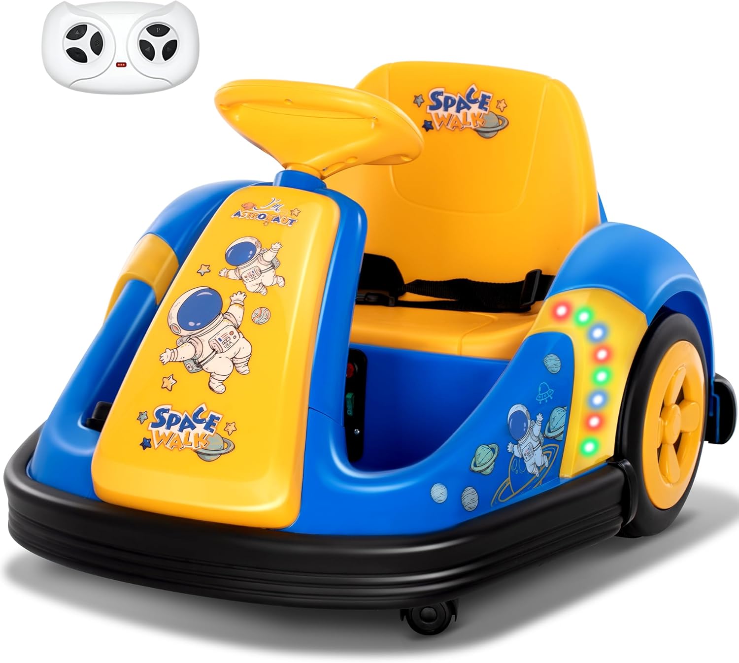 12V Bumper Car for Toddlers with Big Wheel, 360° Kids Spin Ride-On Car with Remote Control, Safety Belt, Music, LED Lights, 3 Speeds - Astro Explorer